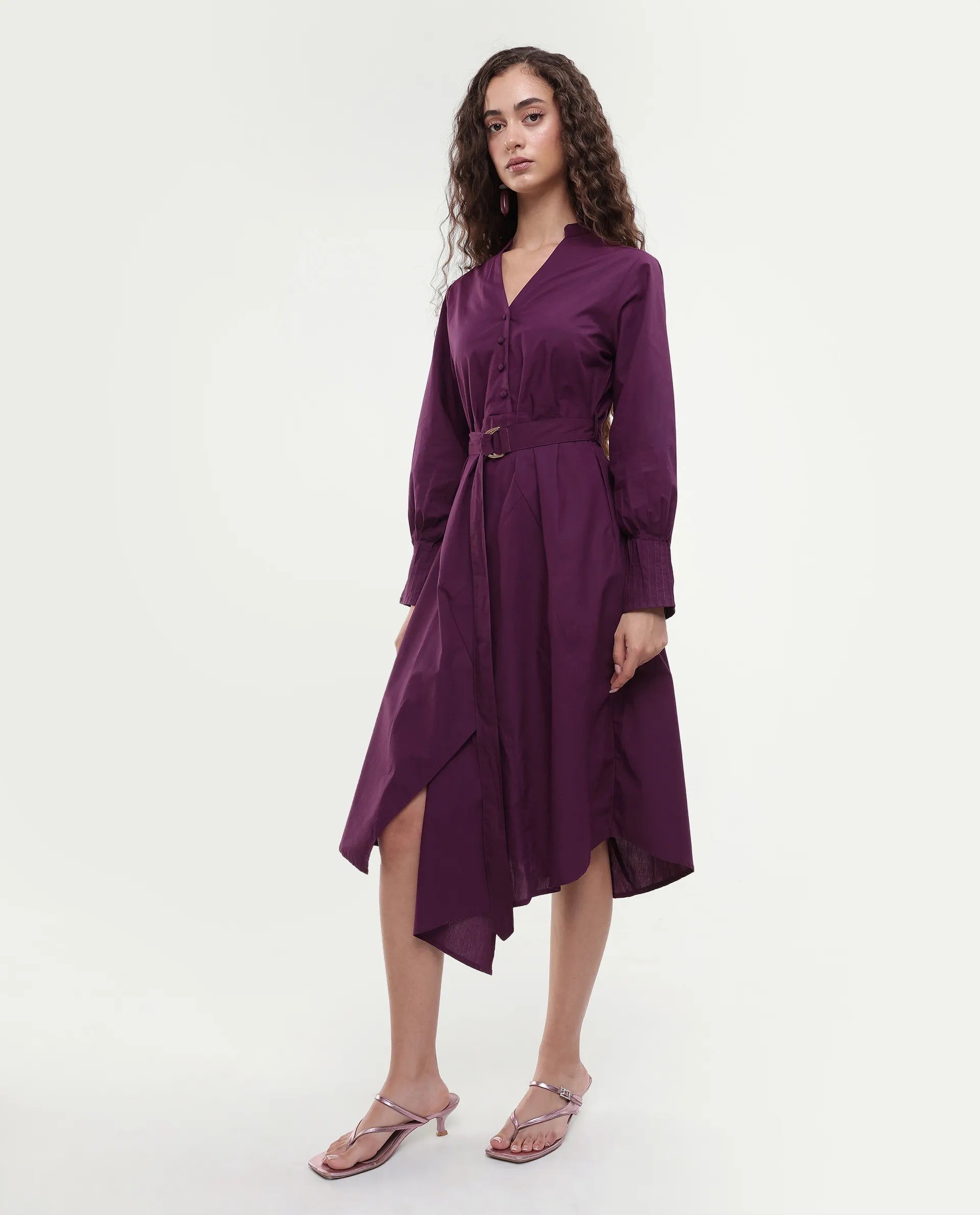 Rareism Women's Iona Purple Cotton Mandarin Collar Plain Cuffed Sleeve Midi Fit And Flare Dress