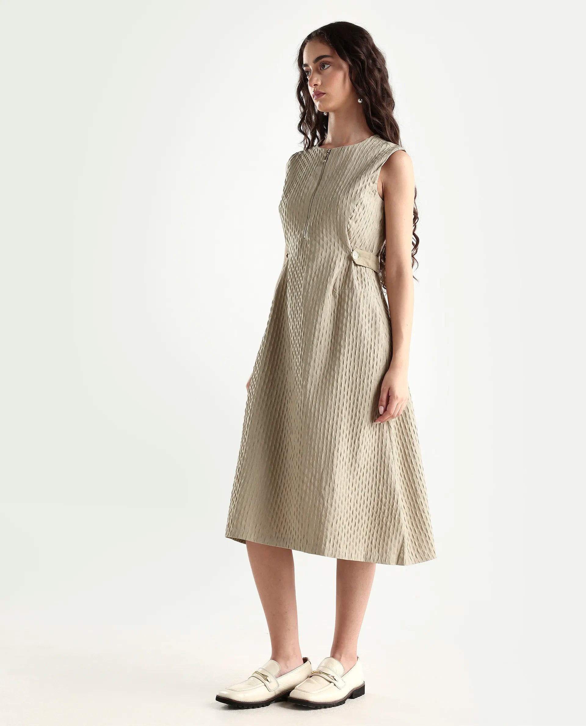 Rareism Women's Zelina Beige Polyester Round Neck Plain Sleeveless Knee Length A-Line Dress