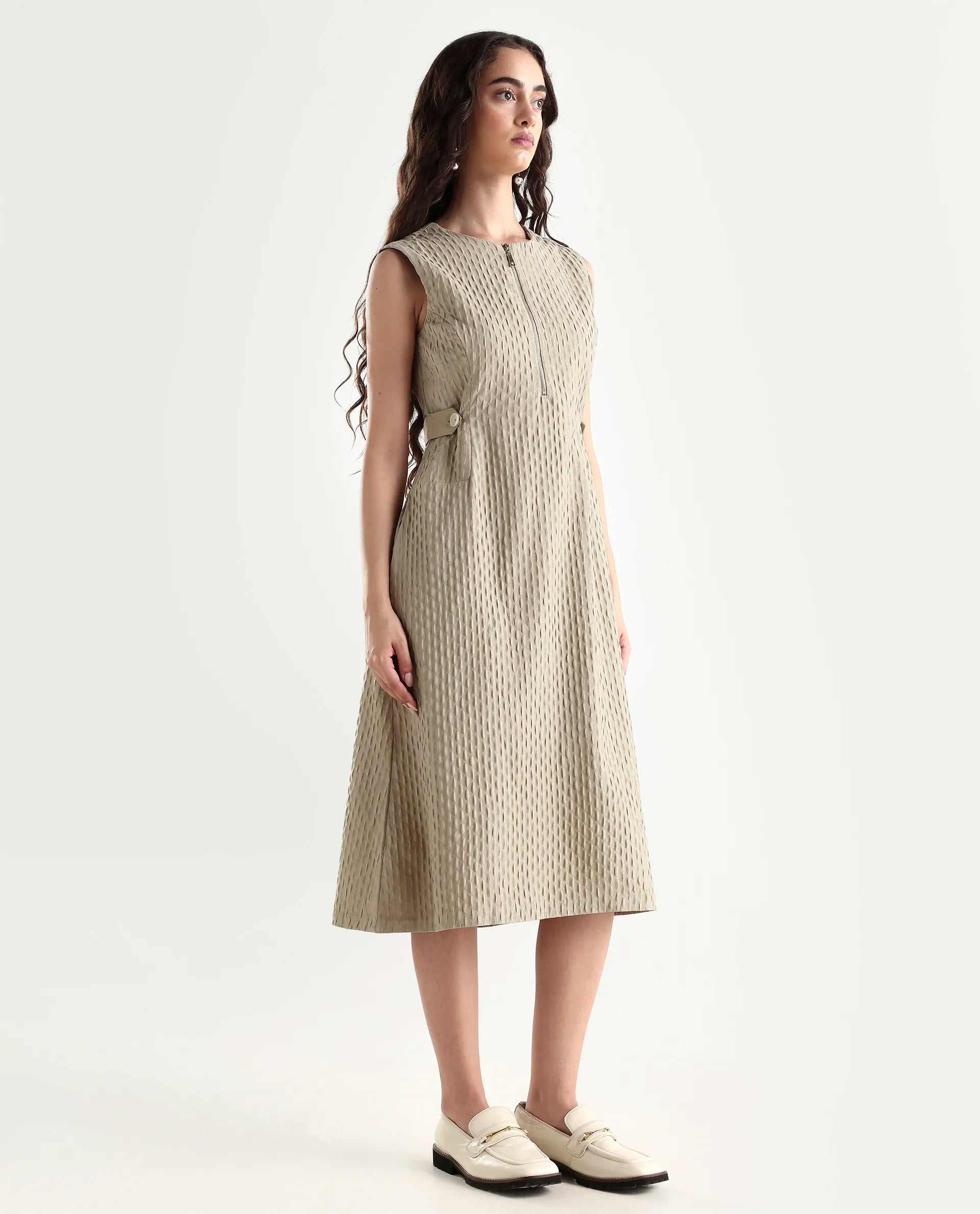 Rareism Women's Zelina Beige Polyester Round Neck Plain Sleeveless Knee Length A-Line Dress