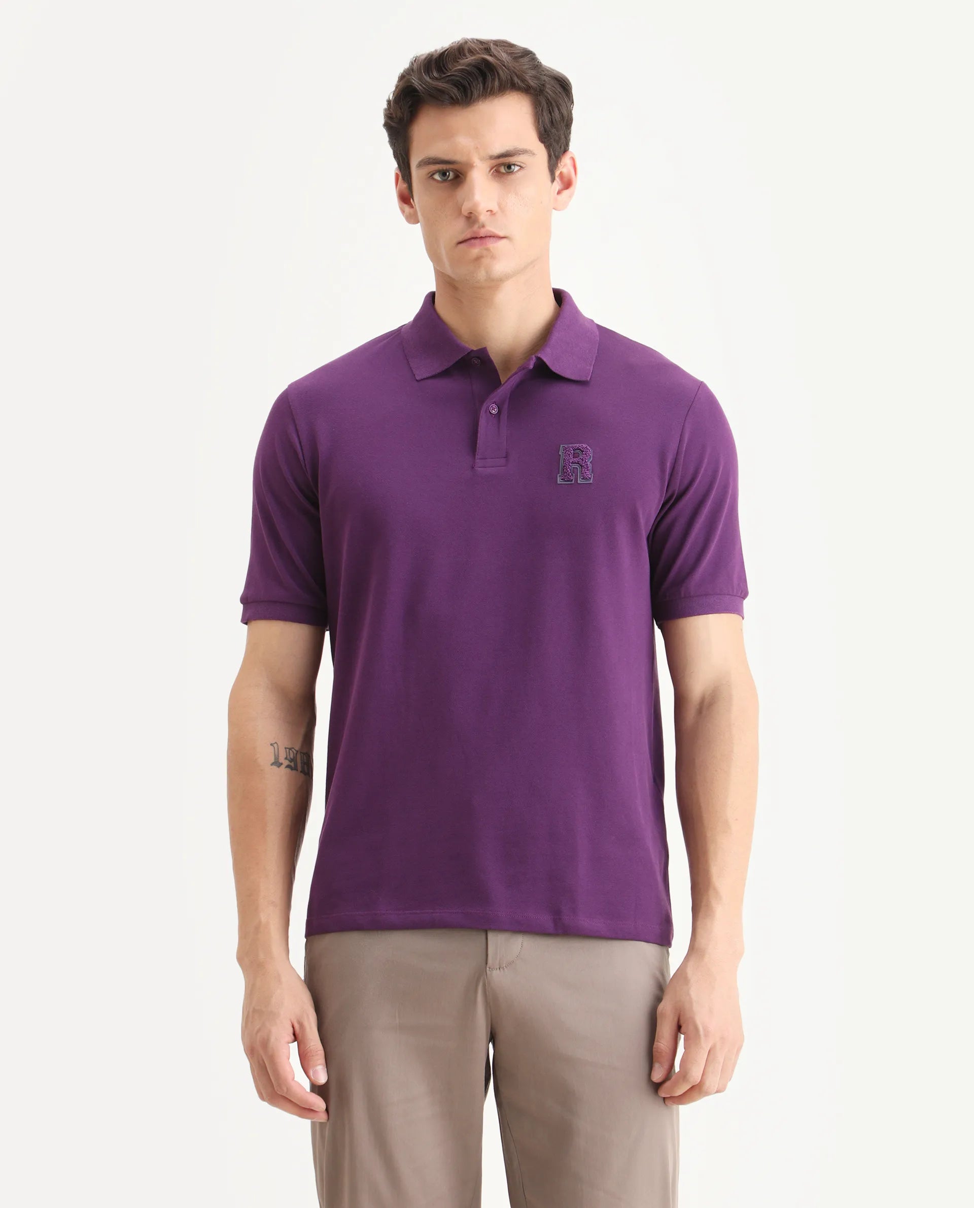 Rare Rabbit Men's Otes Purple Cotton Plain Regular Fit Half Sleeve Polo