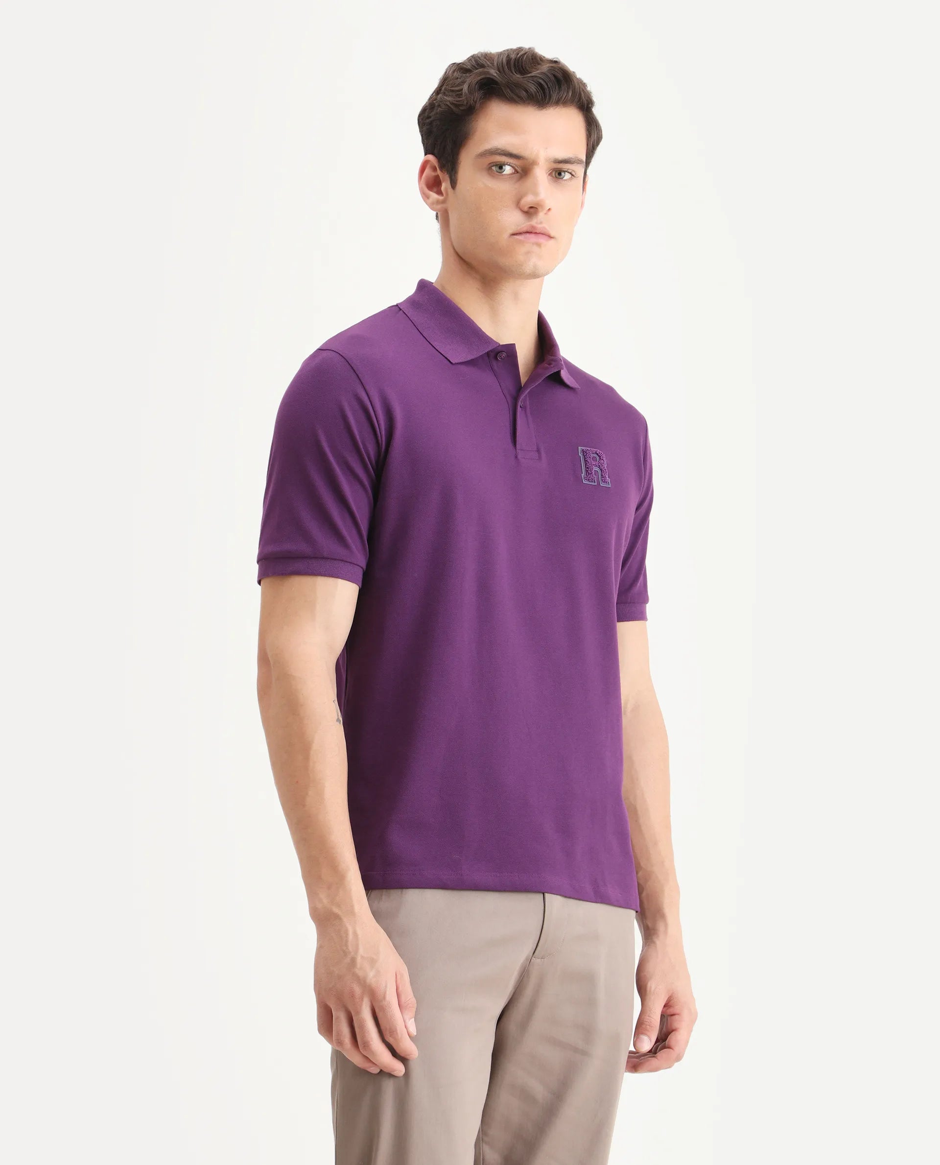 Rare Rabbit Men's Otes Purple Cotton Plain Regular Fit Half Sleeve Polo
