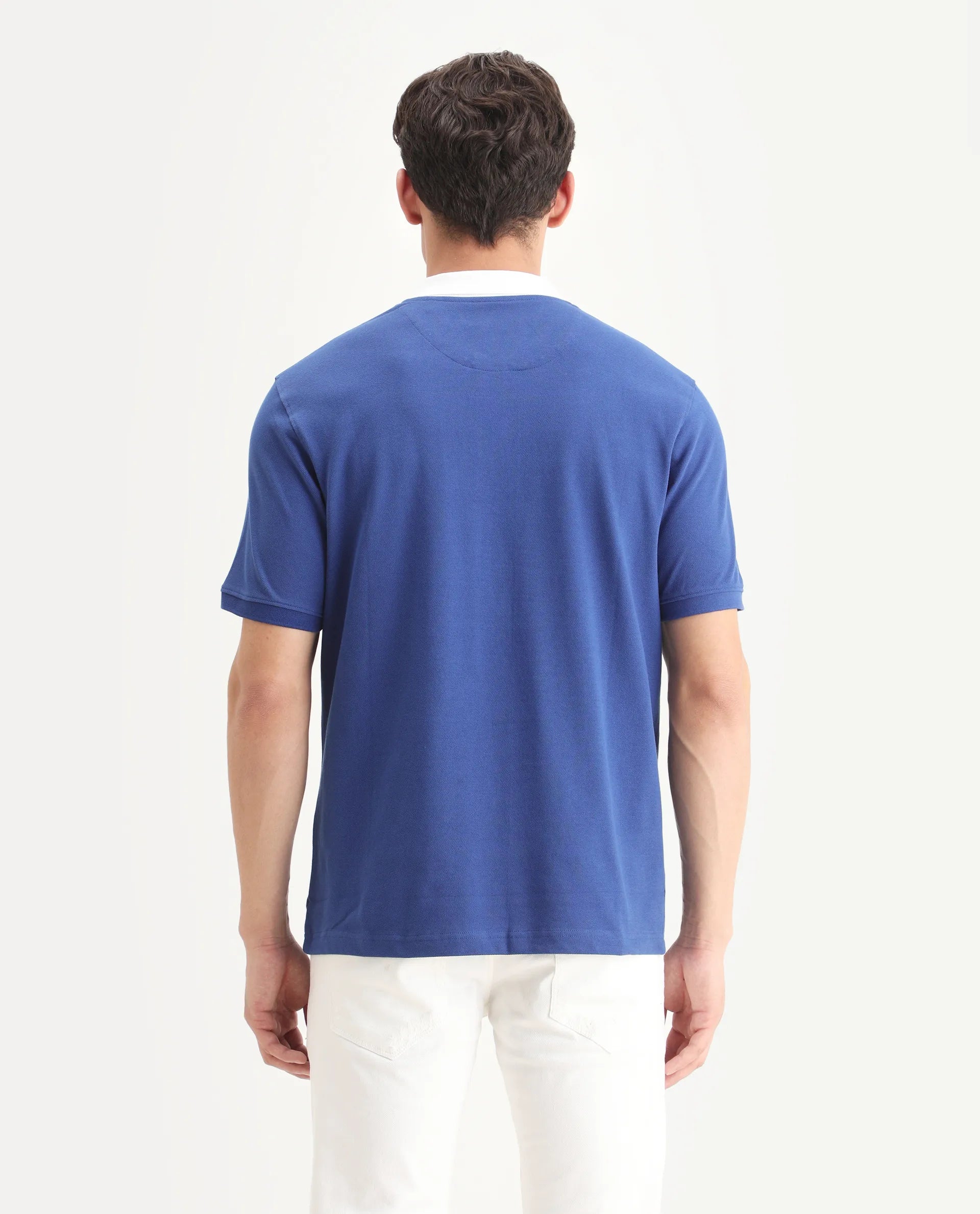 Rare Rabbit Men's Eldon Blue Cotton Plain Regular Fit Half Sleeve Polo