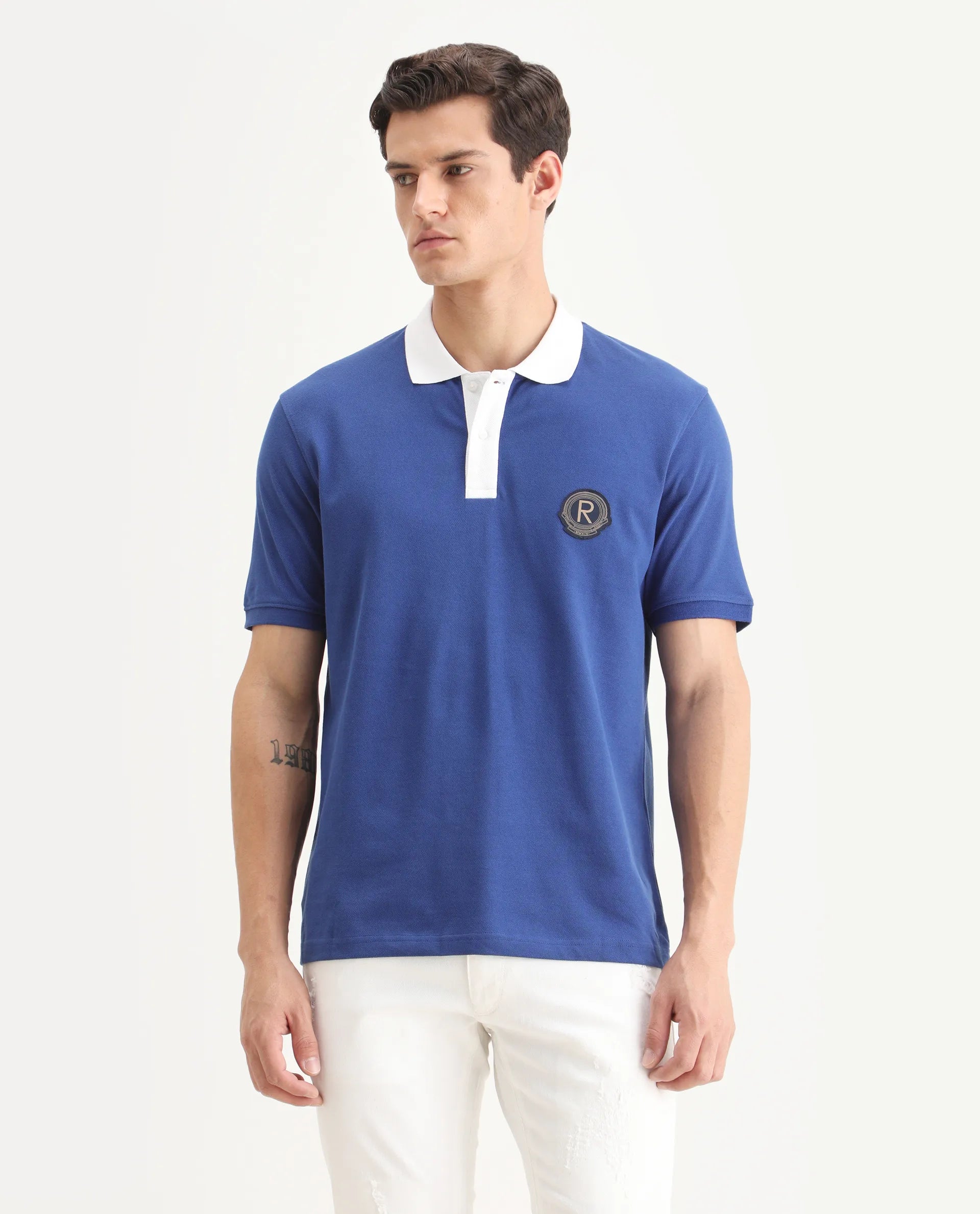 Rare Rabbit Men's Eldon Blue Cotton Plain Regular Fit Half Sleeve Polo