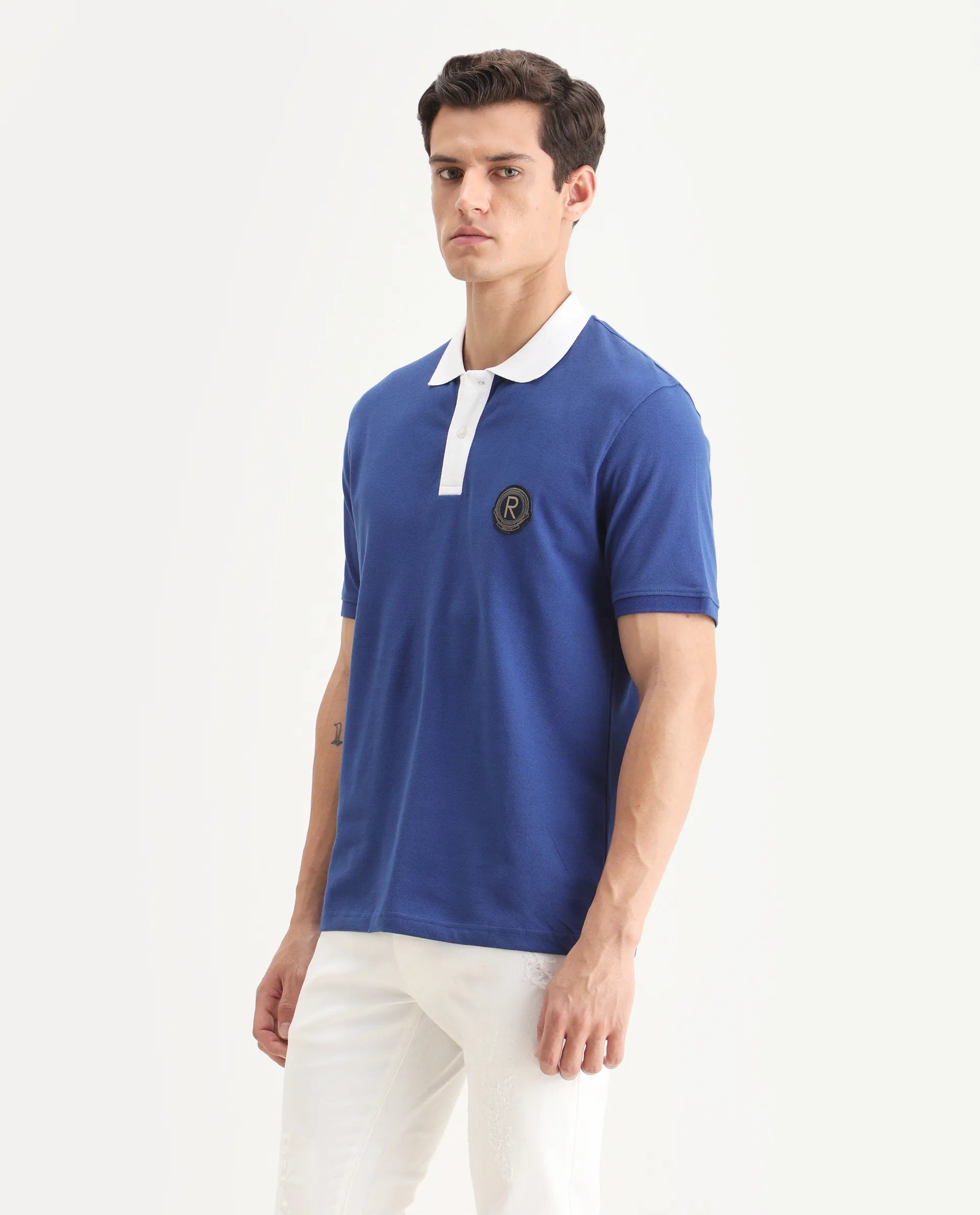 Rare Rabbit Men's Eldon Blue Cotton Plain Regular Fit Half Sleeve Polo