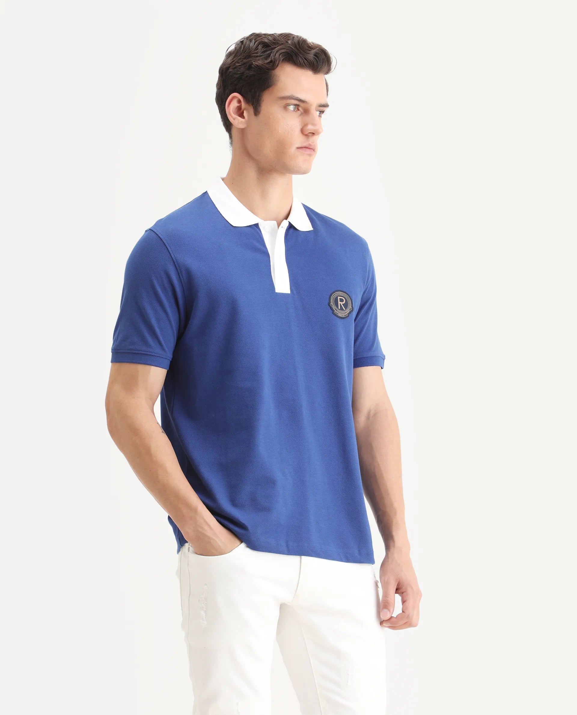 Rare Rabbit Men's Eldon Blue Cotton Plain Regular Fit Half Sleeve Polo