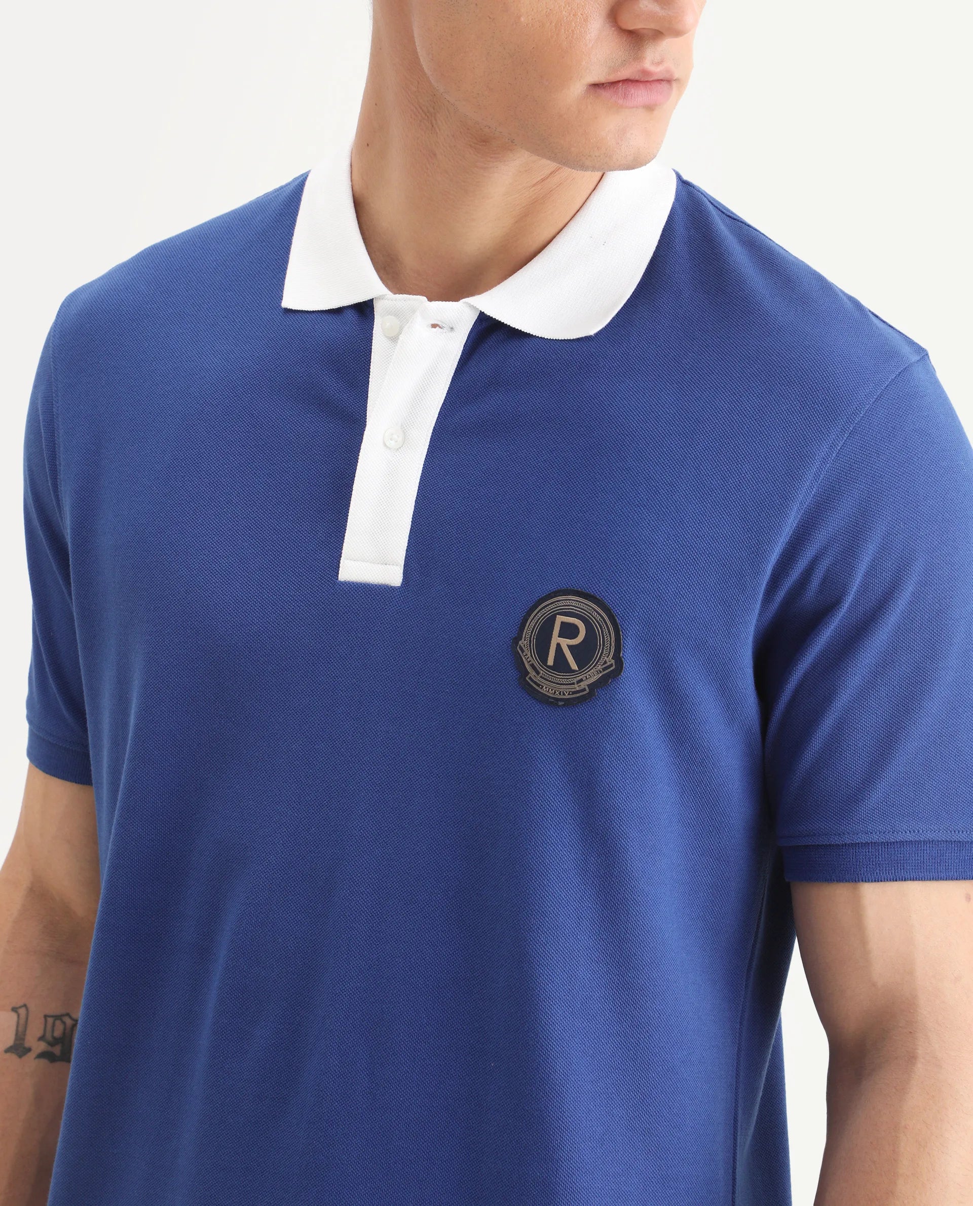 Rare Rabbit Men's Eldon Blue Cotton Plain Regular Fit Half Sleeve Polo