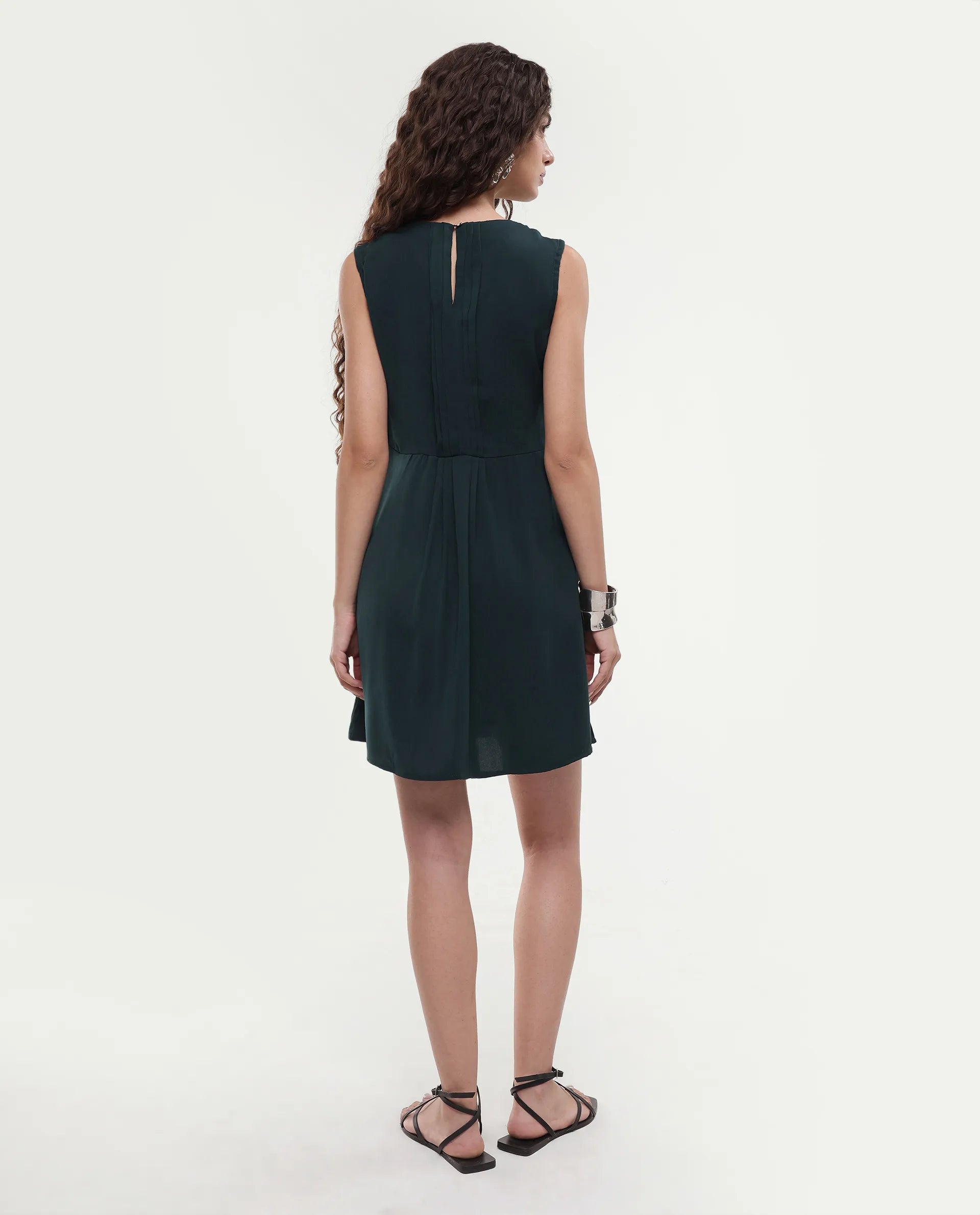 Rareism Women's Roux Olive Polyester Blend Crew Neck Plain Sleeveless Mini Fit And Flare Dress