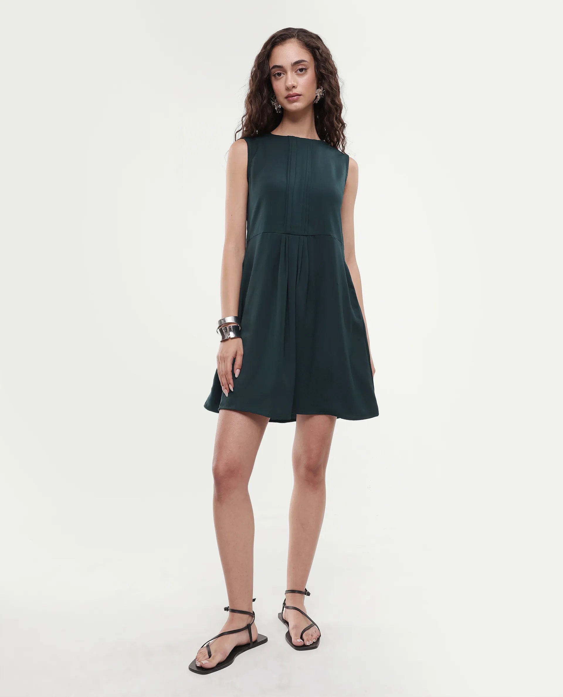 Rareism Women's Roux Olive Polyester Blend Crew Neck Plain Sleeveless Mini Fit And Flare Dress