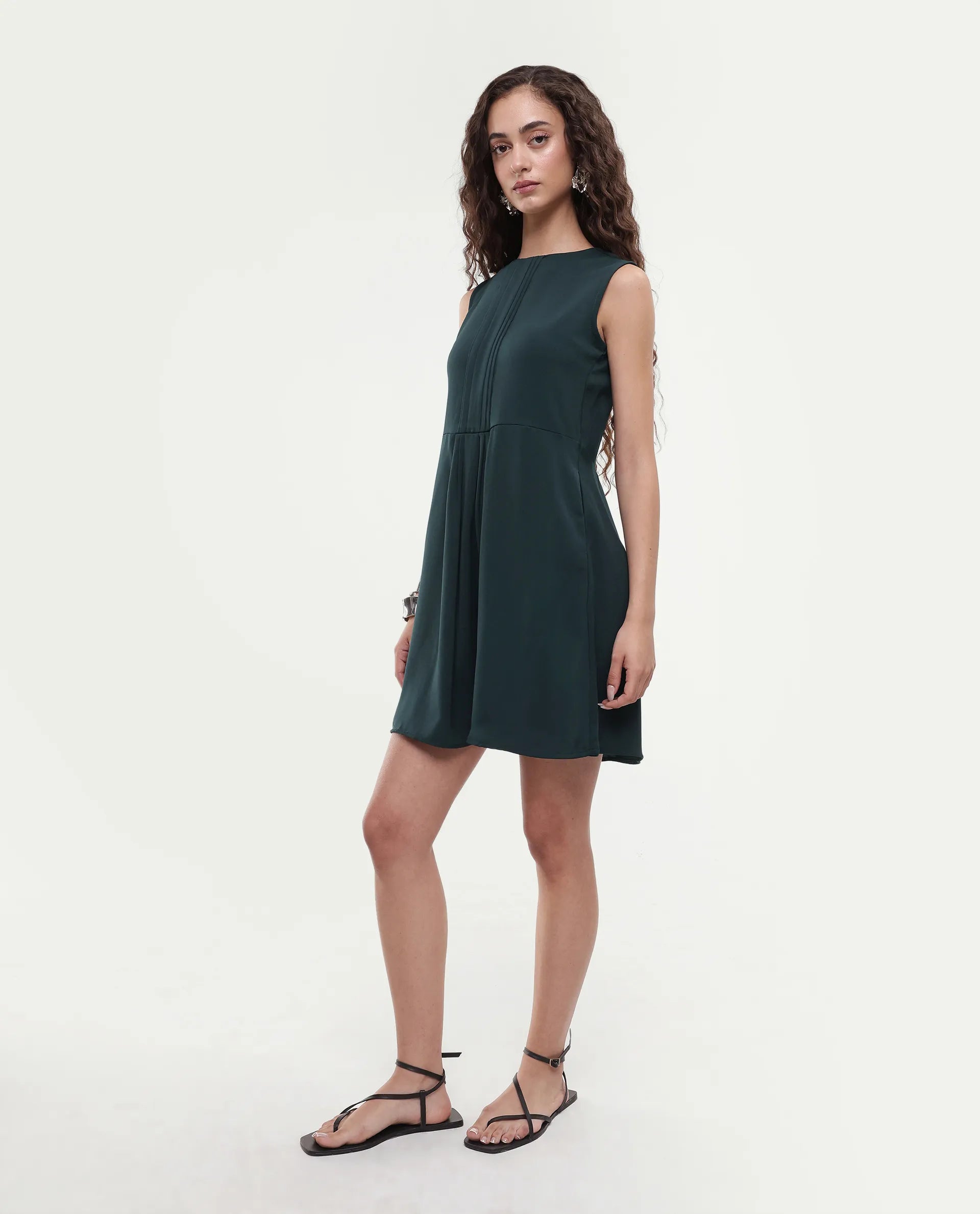 Rareism Women's Roux Olive Polyester Blend Crew Neck Plain Sleeveless Mini Fit And Flare Dress