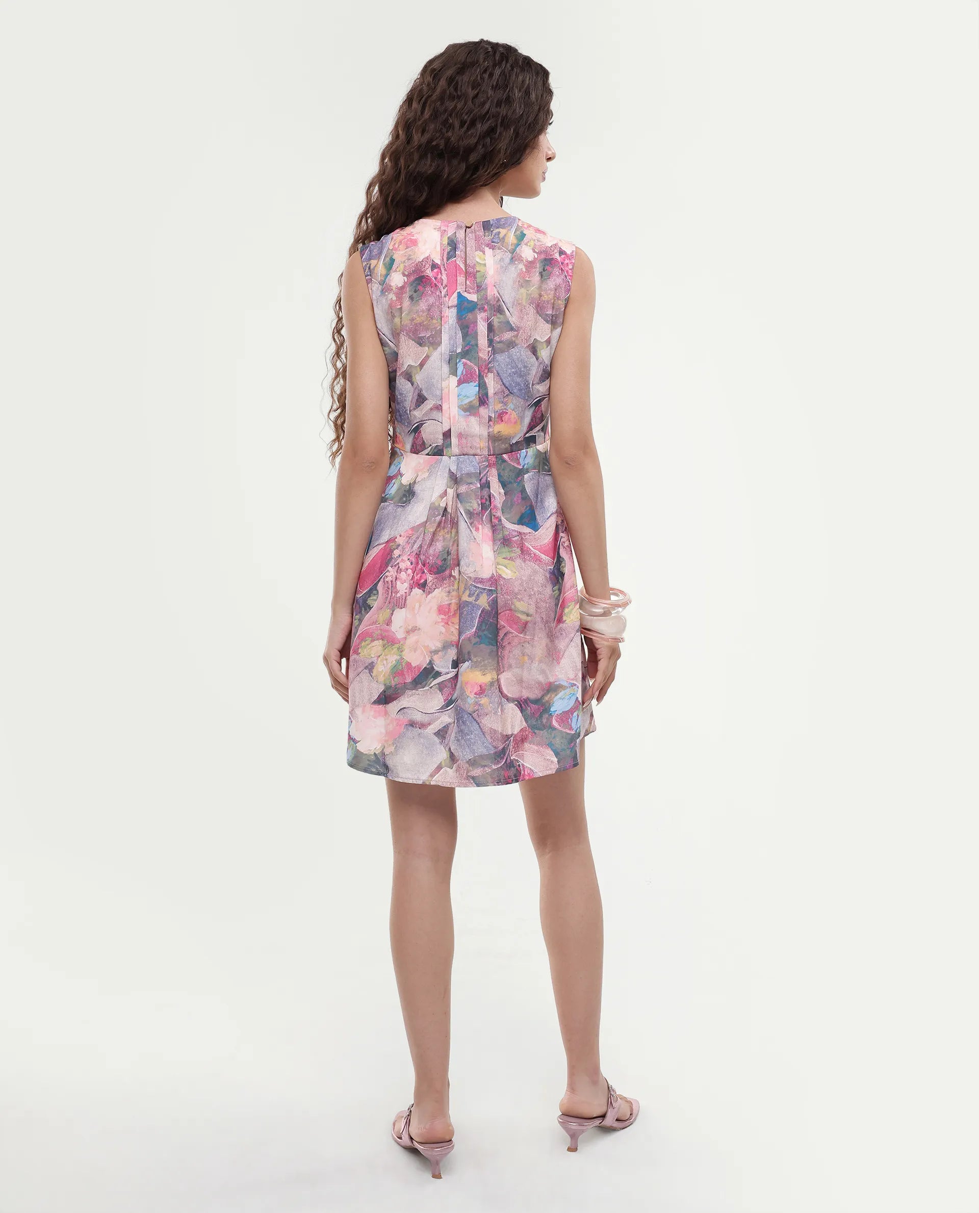 Rareism Women's Rouxi Multi Polyester Blend Crew Neck Abstract Print Sleeveless Mini Fit And Flare Dress