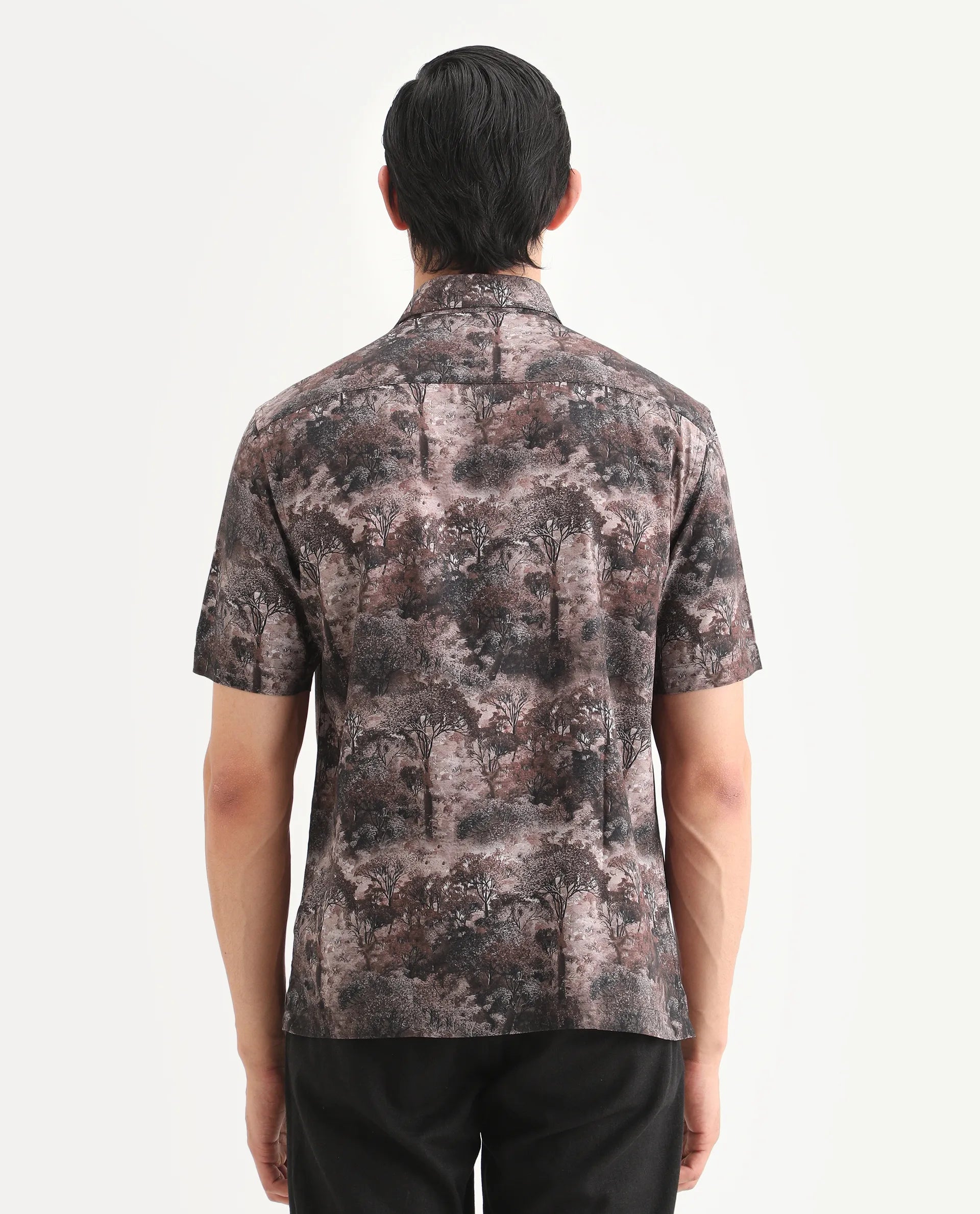 Rare Rabbit Men's Froe Light Brown Viscose Tropical Print Regular Fit Half Sleeve Collared Shirt