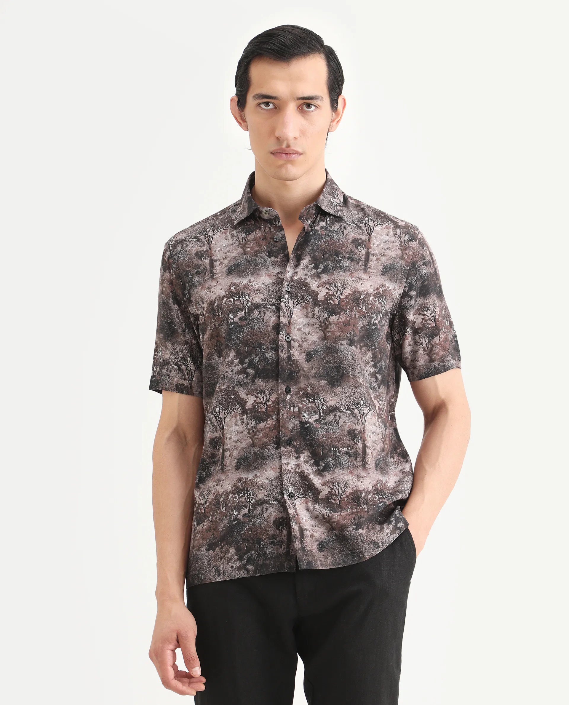 Rare Rabbit Men's Froe Light Brown Viscose Tropical Print Regular Fit Half Sleeve Collared Shirt