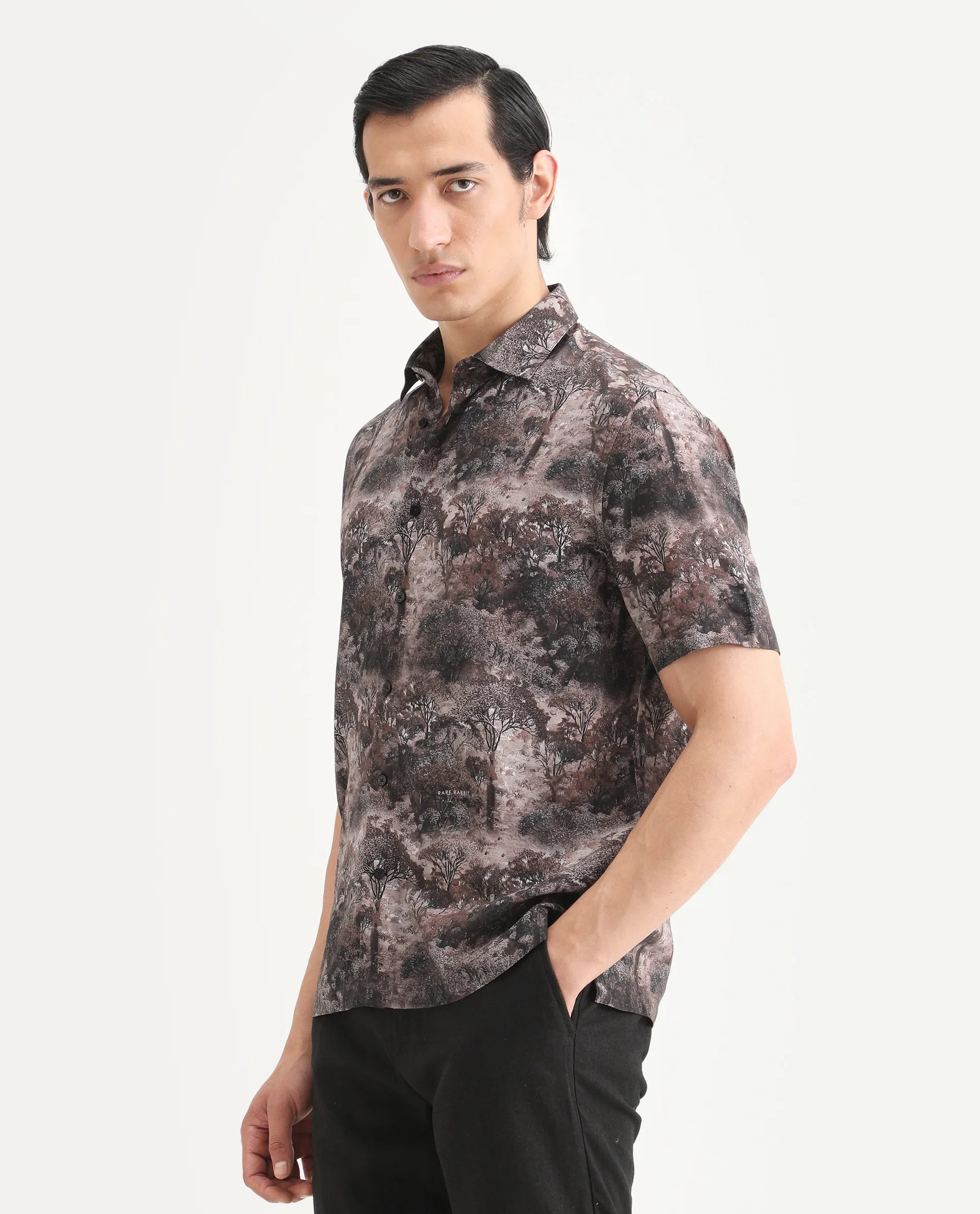 Rare Rabbit Men's Froe Light Brown Viscose Tropical Print Regular Fit Half Sleeve Collared Shirt