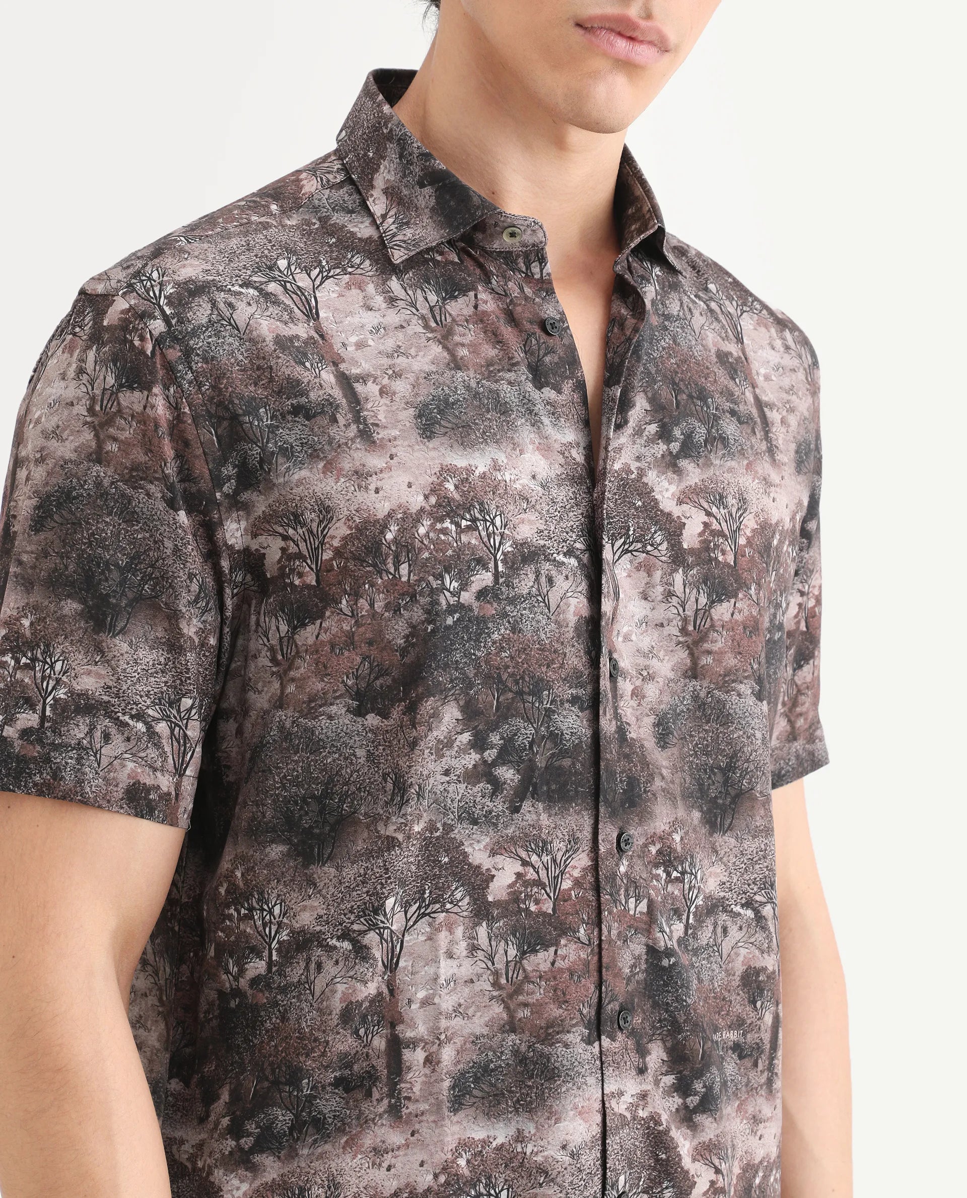 Rare Rabbit Men's Froe Light Brown Viscose Tropical Print Regular Fit Half Sleeve Collared Shirt