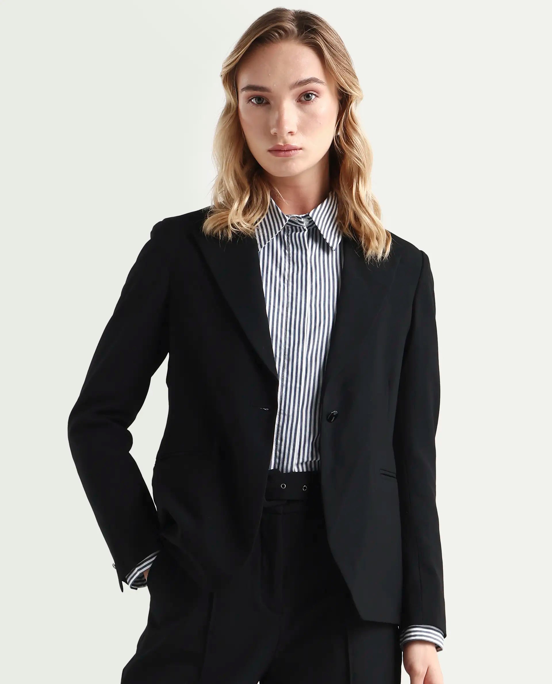 Rareism Women's Zivya Dark Black Polyester Blend Lapel Neck Plain Regular Fit Blazer
