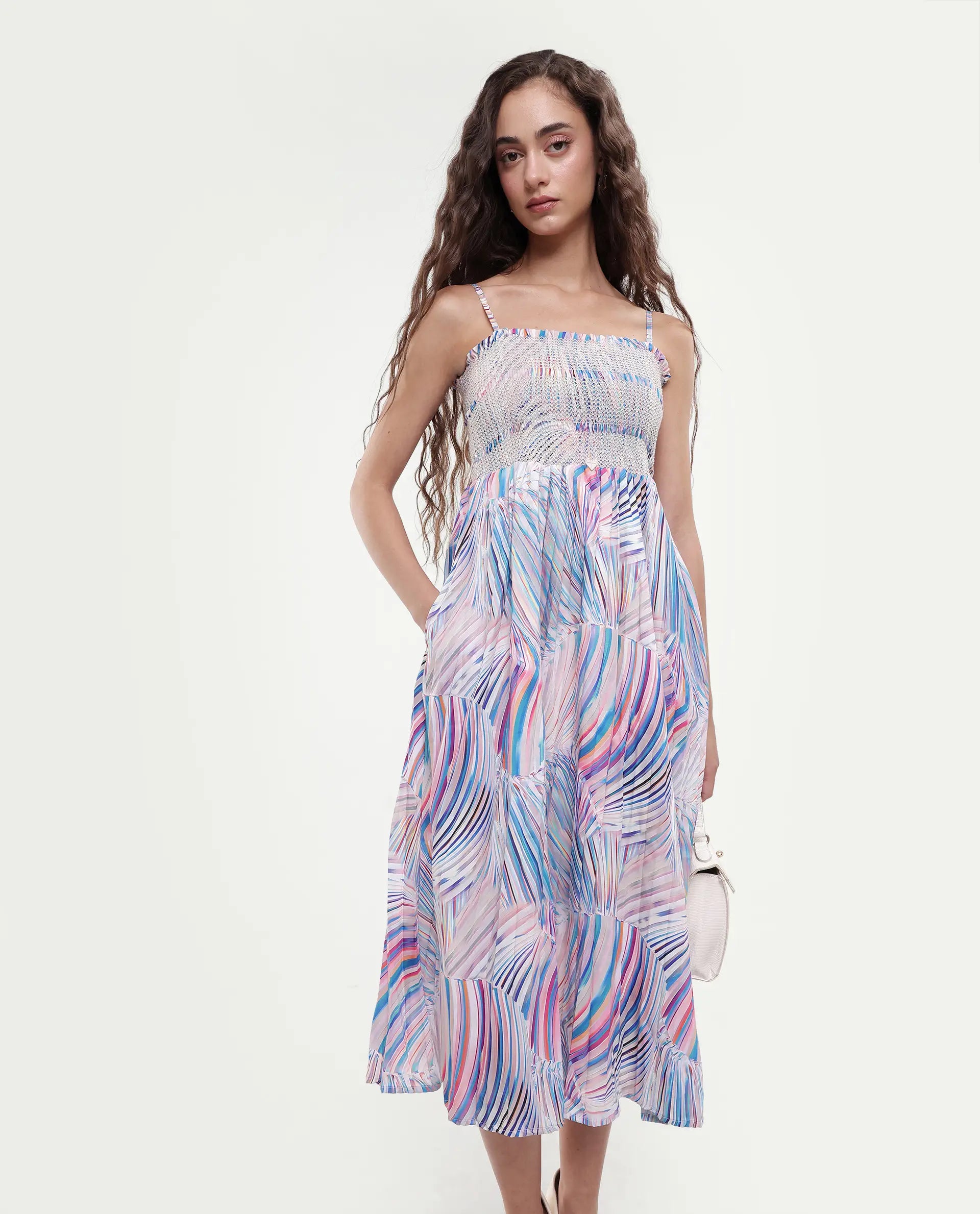 Rareism Women's Shanks Multi Polyester Blend Shoulder Strap Abstract Print Sleeveless Midi Fit And Flare Dress