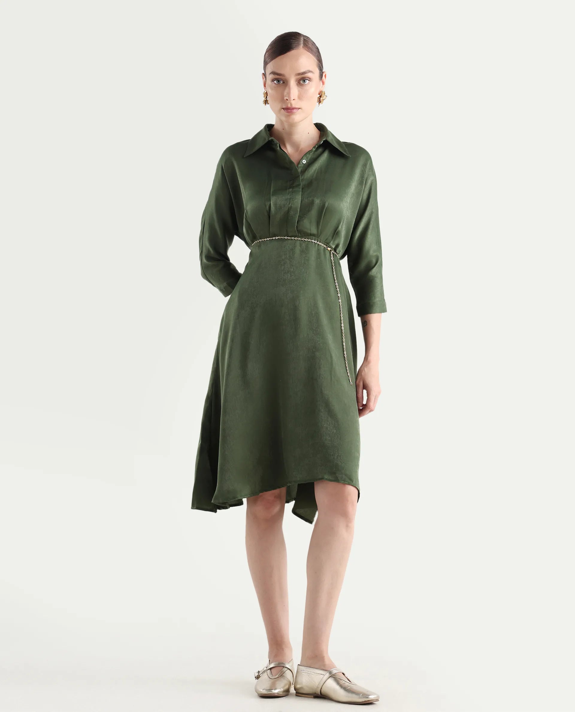 Rareism Women's Airbaz Olive Velvet Spread Collar Plain Kimono Sleeve Midi A-Line Dress