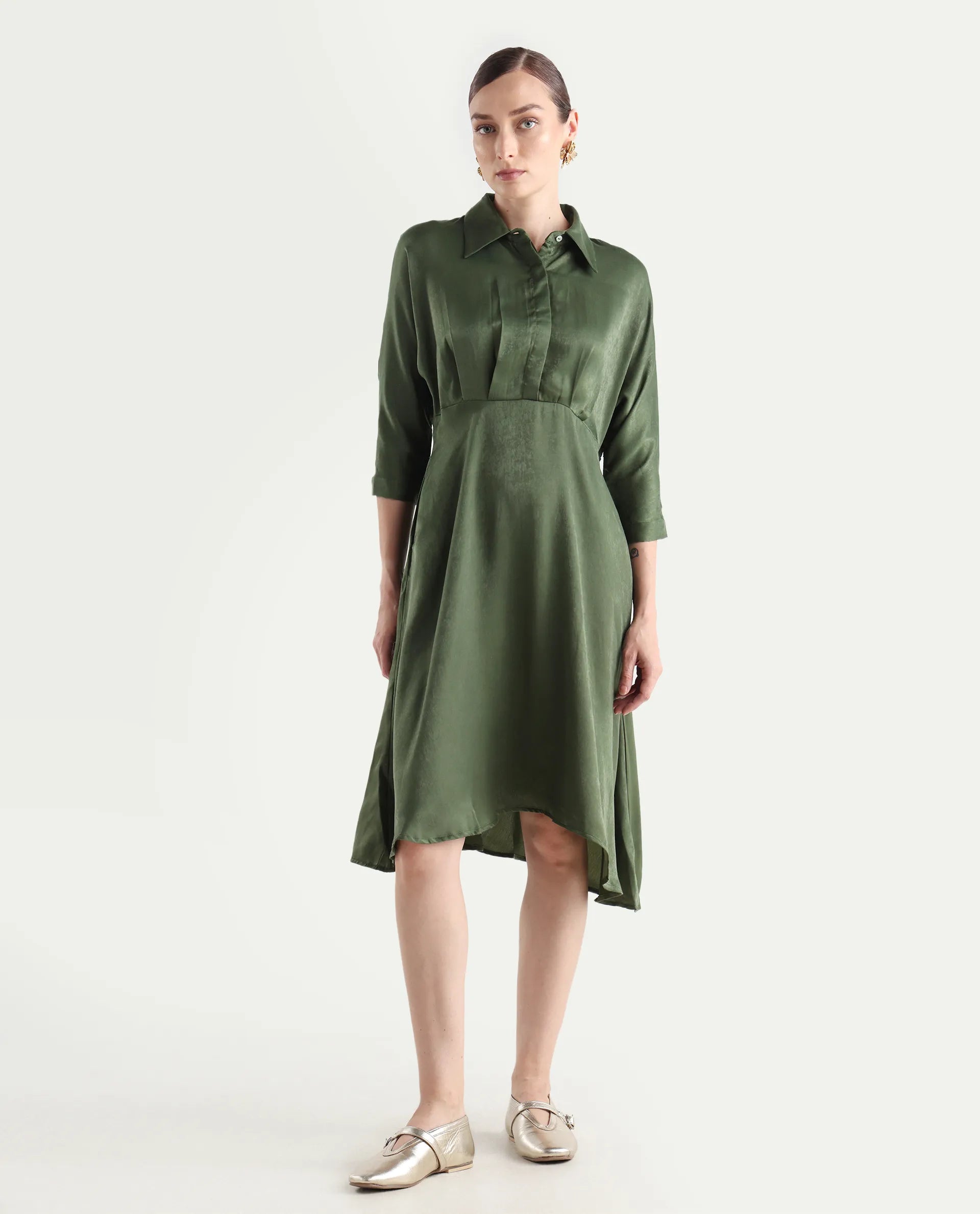 Rareism Women's Airbaz Olive Velvet Spread Collar Plain Kimono Sleeve Midi A-Line Dress