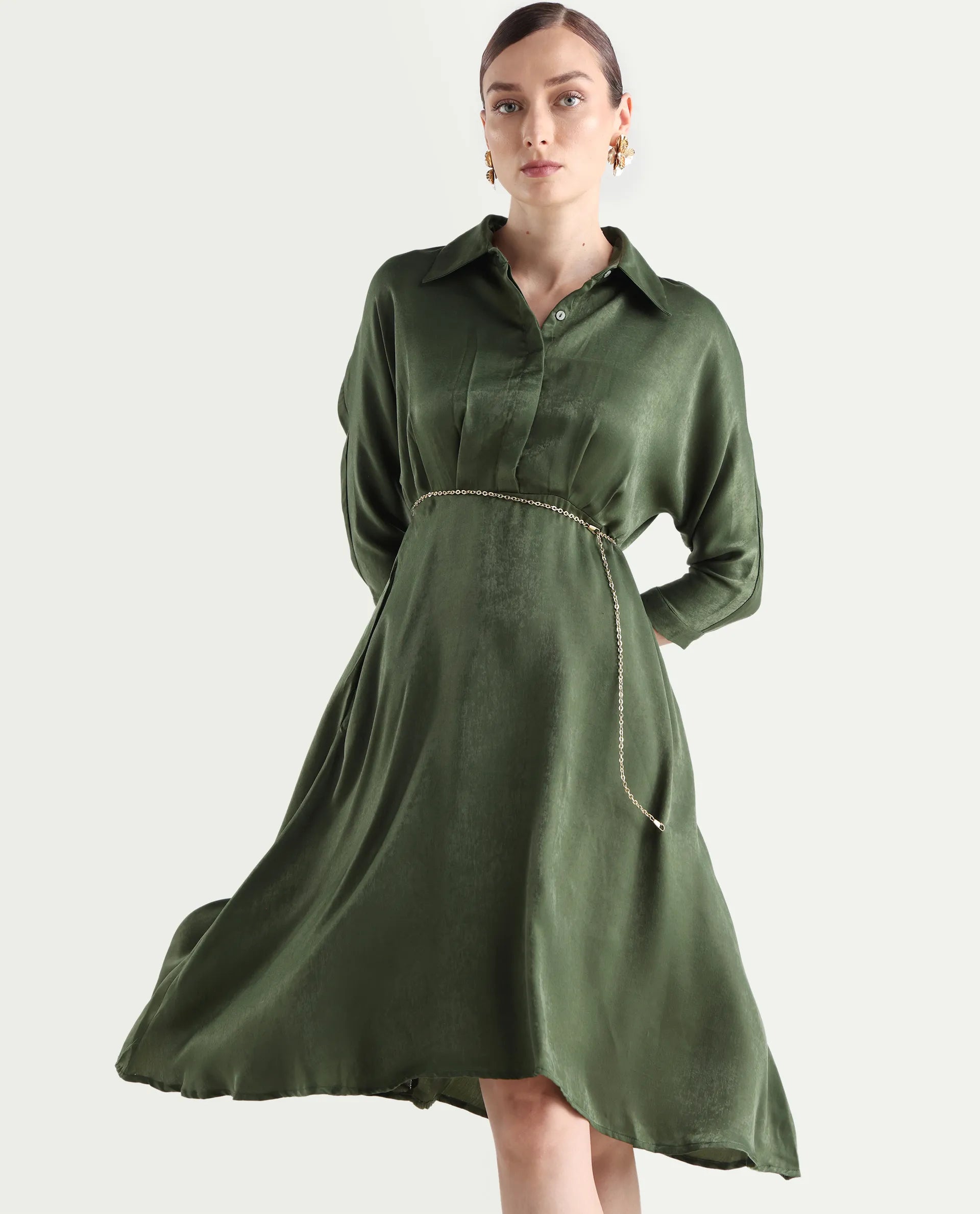 Rareism Women's Airbaz Olive Velvet Spread Collar Plain Kimono Sleeve Midi A-Line Dress