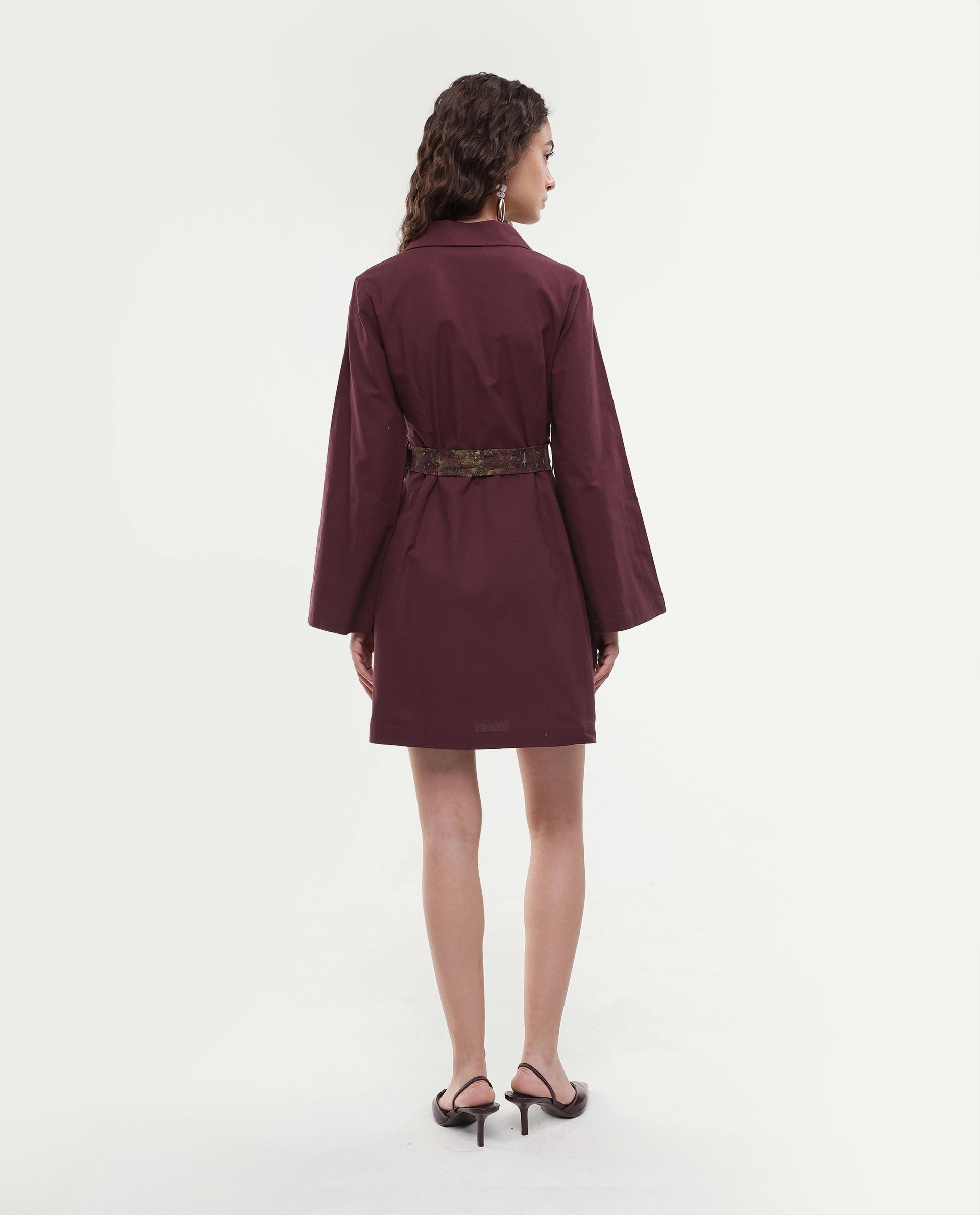 Rareism Women's Alvida Brown Cotton Lapel Neck Plain Mini A-Line Dress