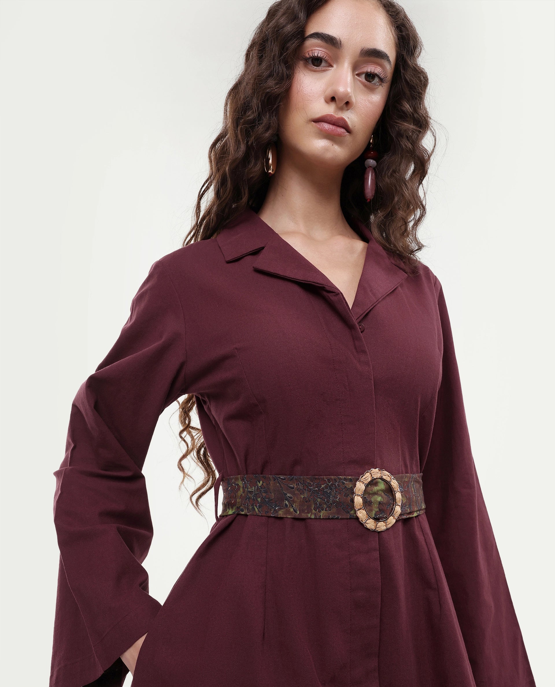 Rareism Women's Alvida Brown Cotton Lapel Neck Plain Mini A-Line Dress