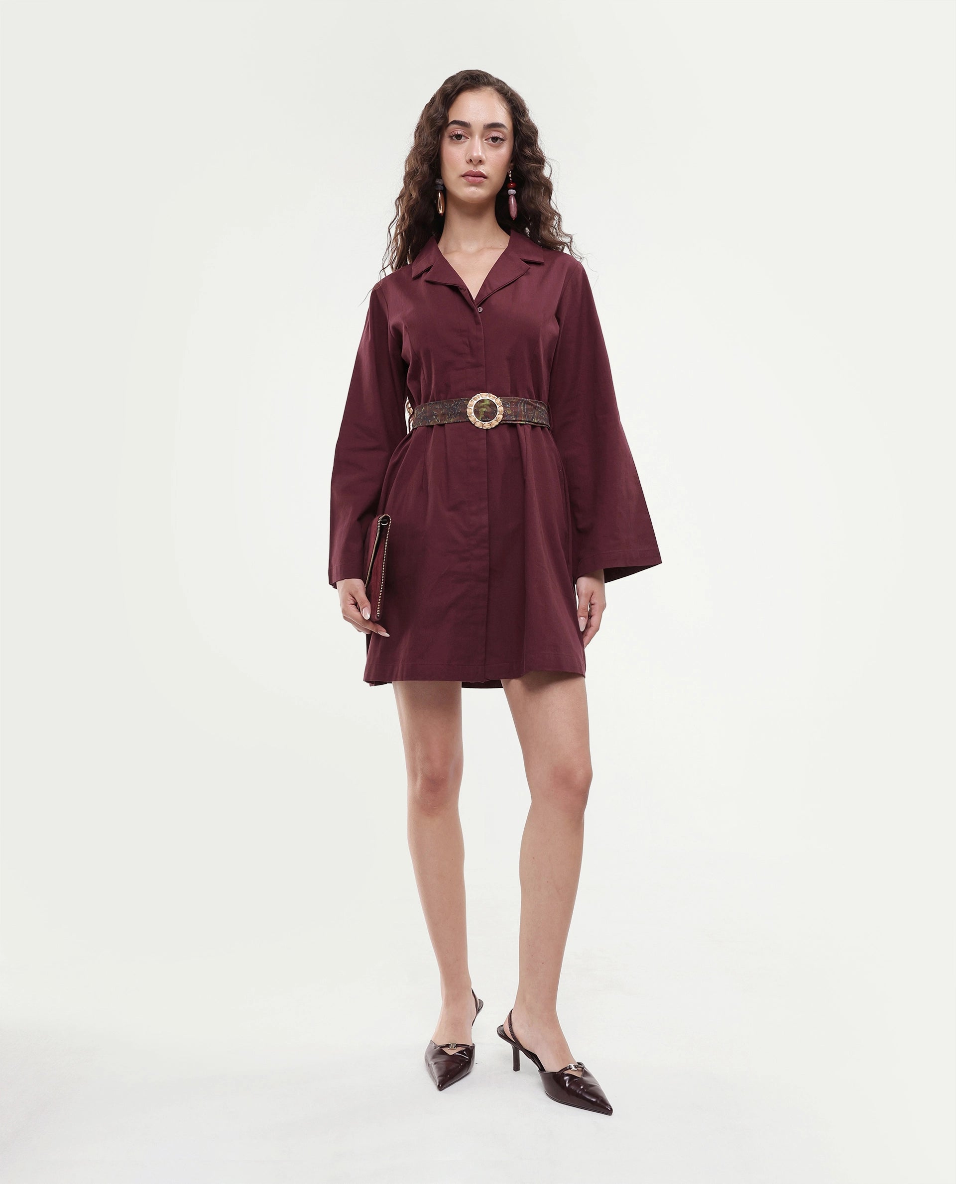 Rareism Women's Alvida Brown Cotton Lapel Neck Plain Mini A-Line Dress