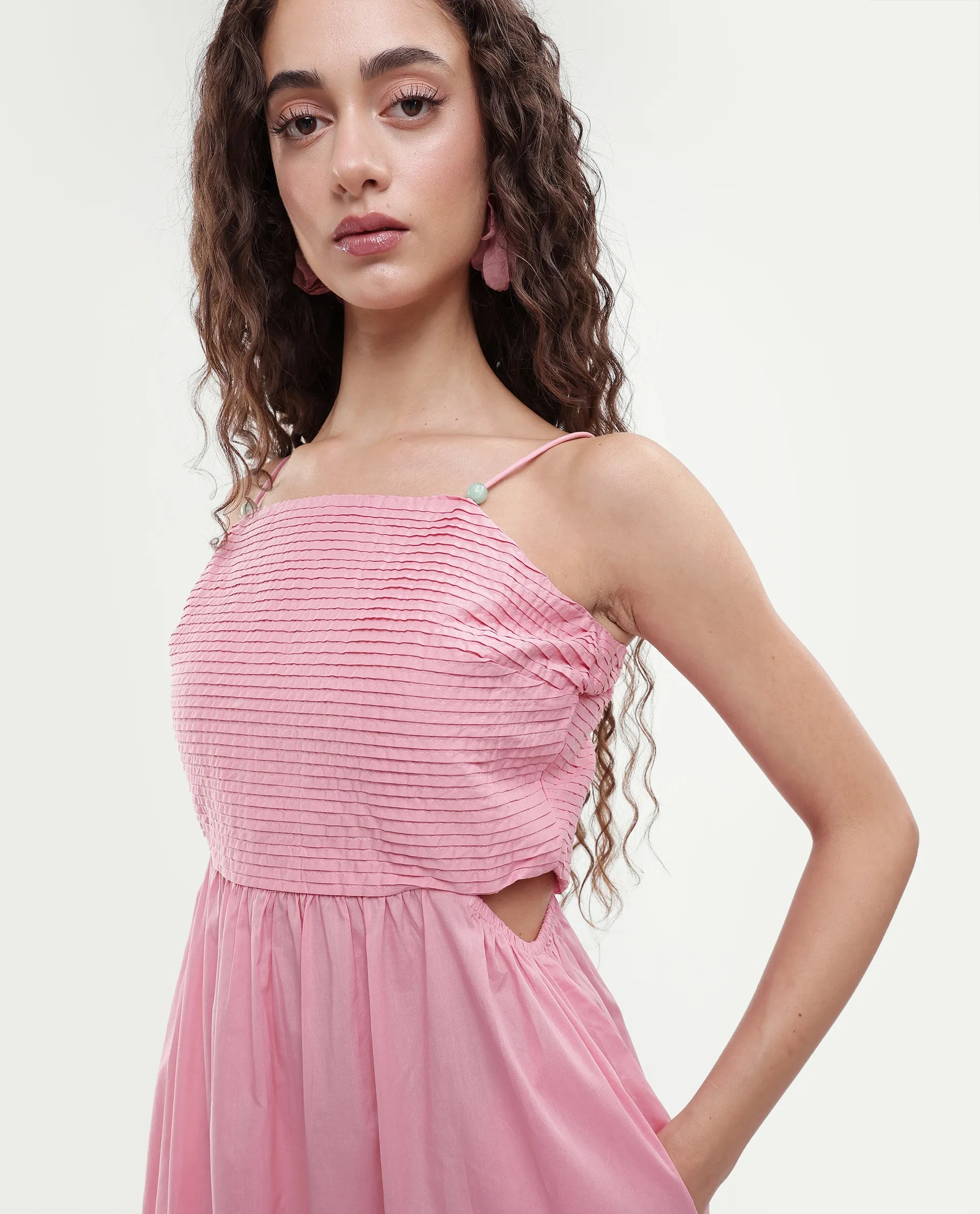 Rareism Women's Schor Pink Cotton Shoulder Strap Plain Maxi Fit And Flare Dress