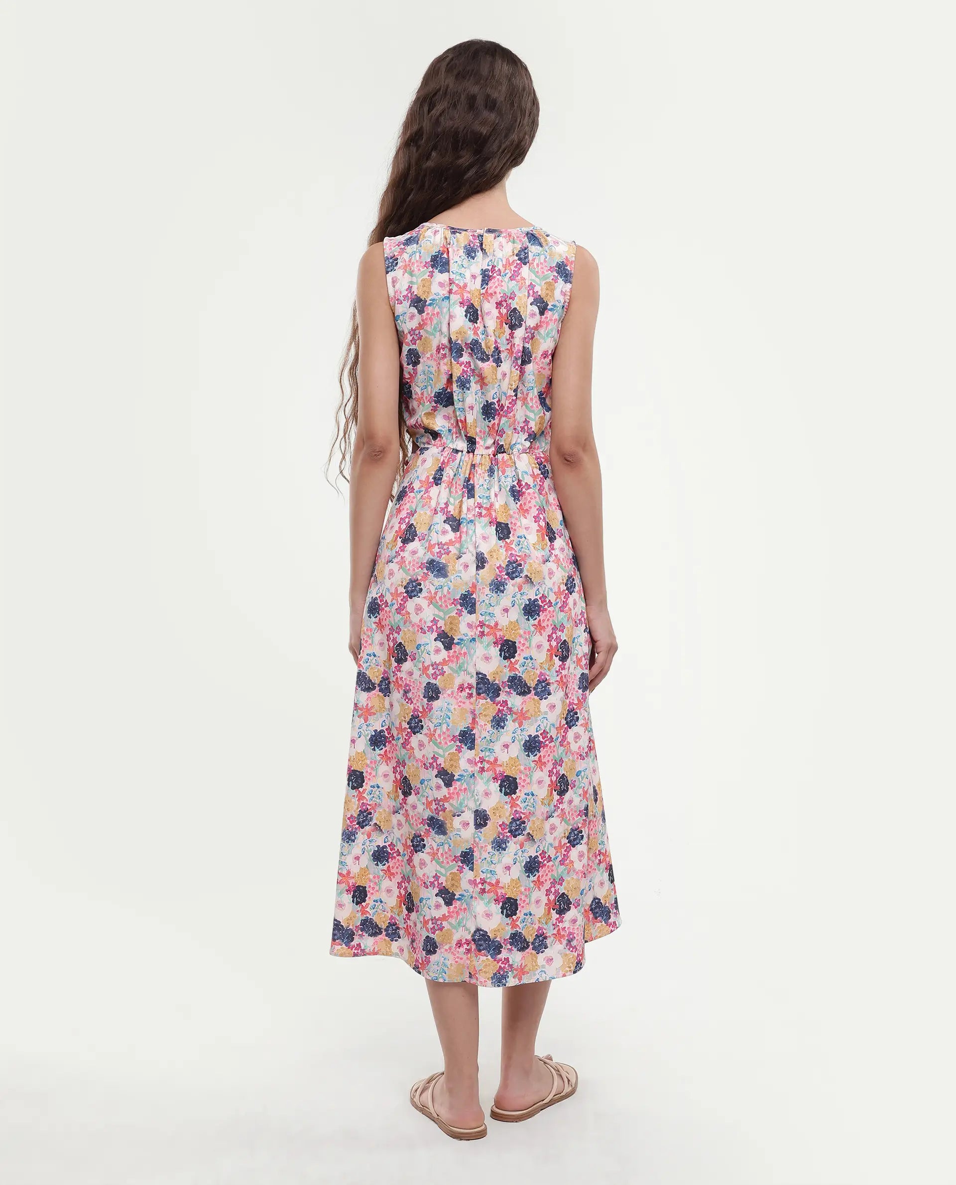 Rareism Women's Rinaf Multi Satin Round Neck Floral Print Sleeveless Midi Fit And Flare Dress