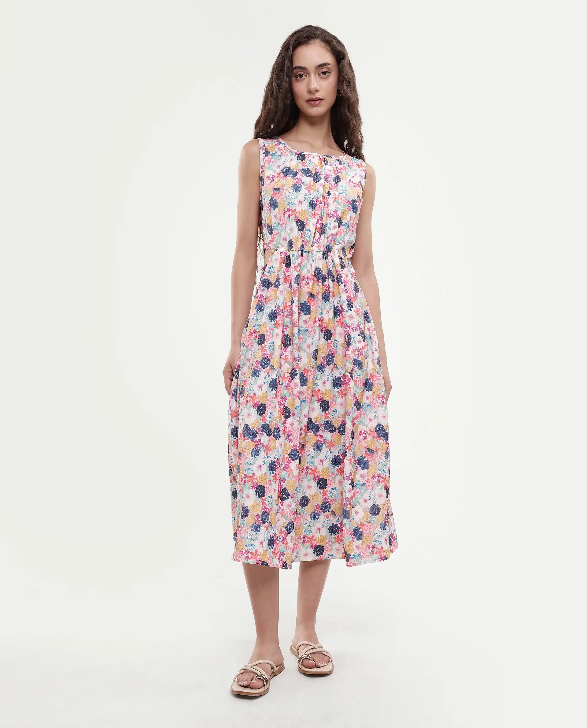 Rareism Women's Rinaf Multi Satin Round Neck Floral Print Sleeveless Midi Fit And Flare Dress