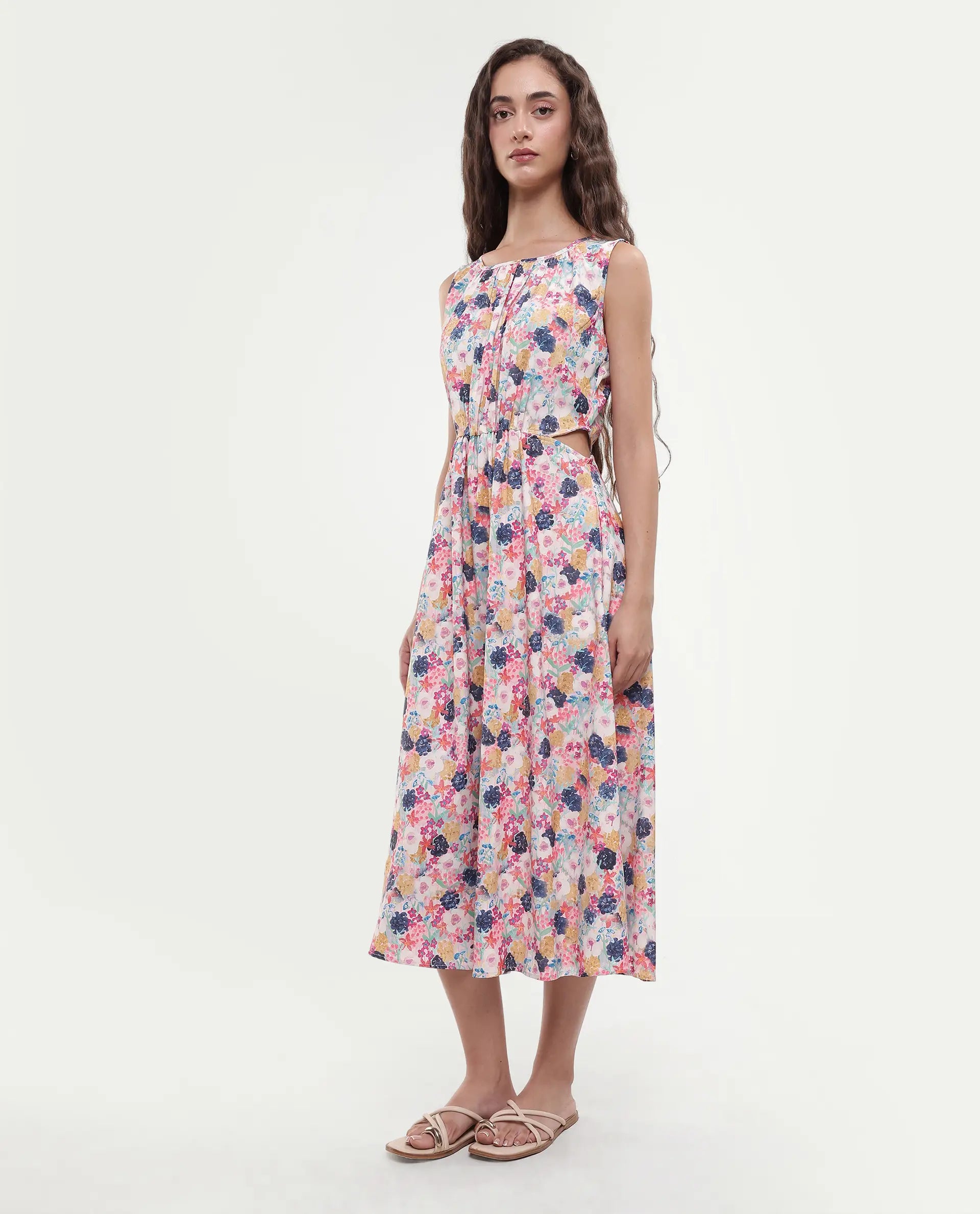 Rareism Women's Rinaf Multi Satin Round Neck Floral Print Sleeveless Midi Fit And Flare Dress