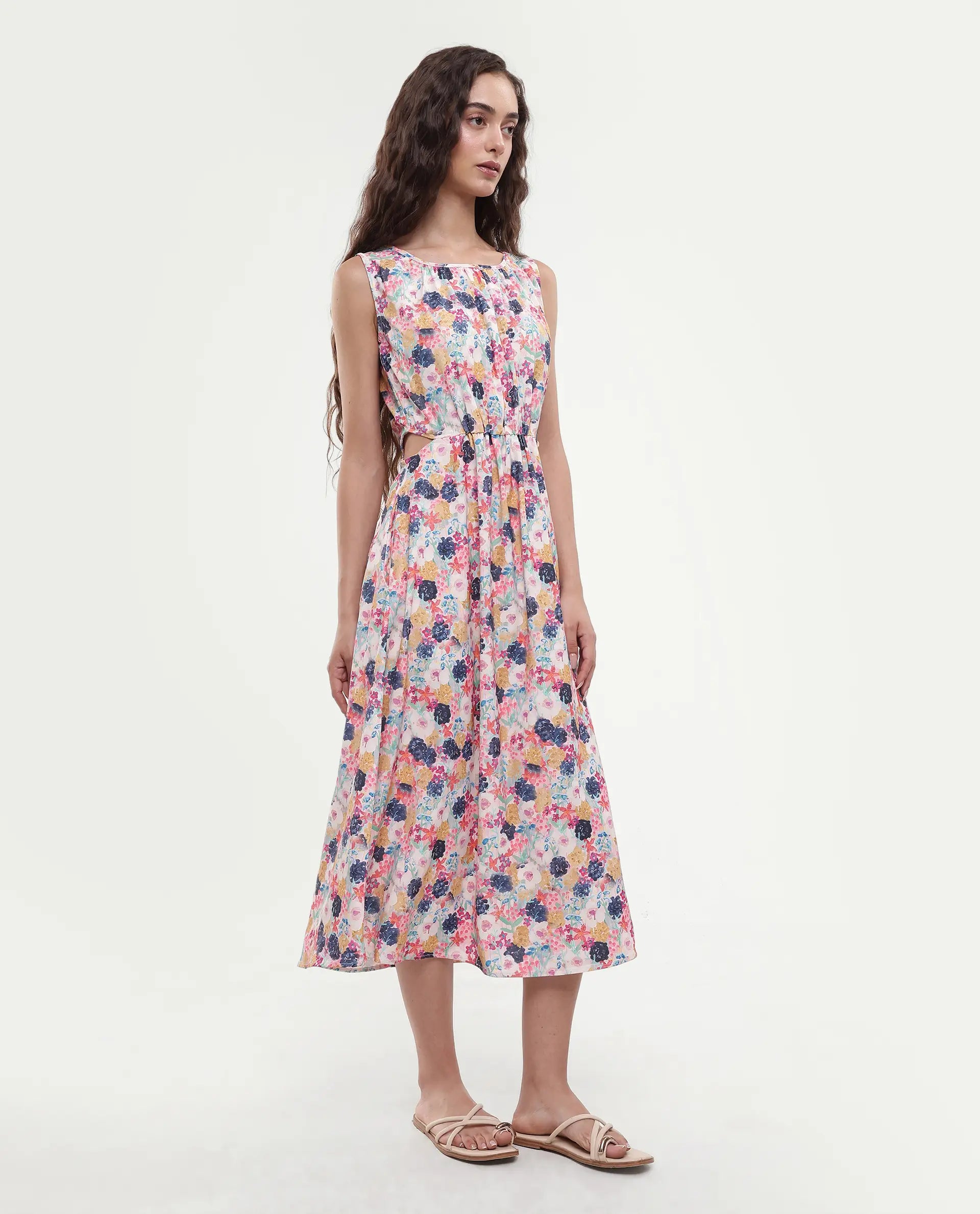 Rareism Women's Rinaf Multi Satin Round Neck Floral Print Sleeveless Midi Fit And Flare Dress