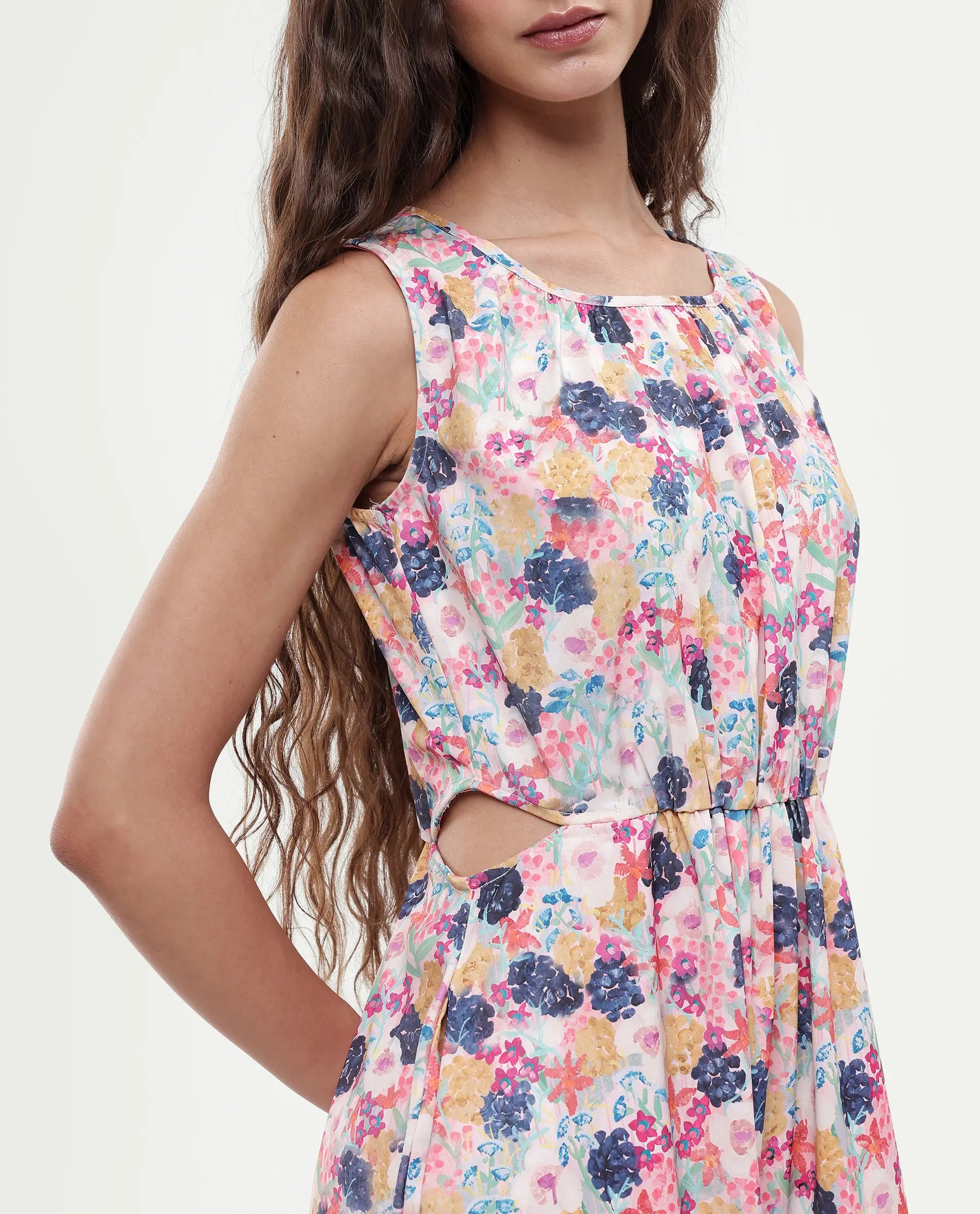 Rareism Women's Rinaf Multi Satin Round Neck Floral Print Sleeveless Midi Fit And Flare Dress