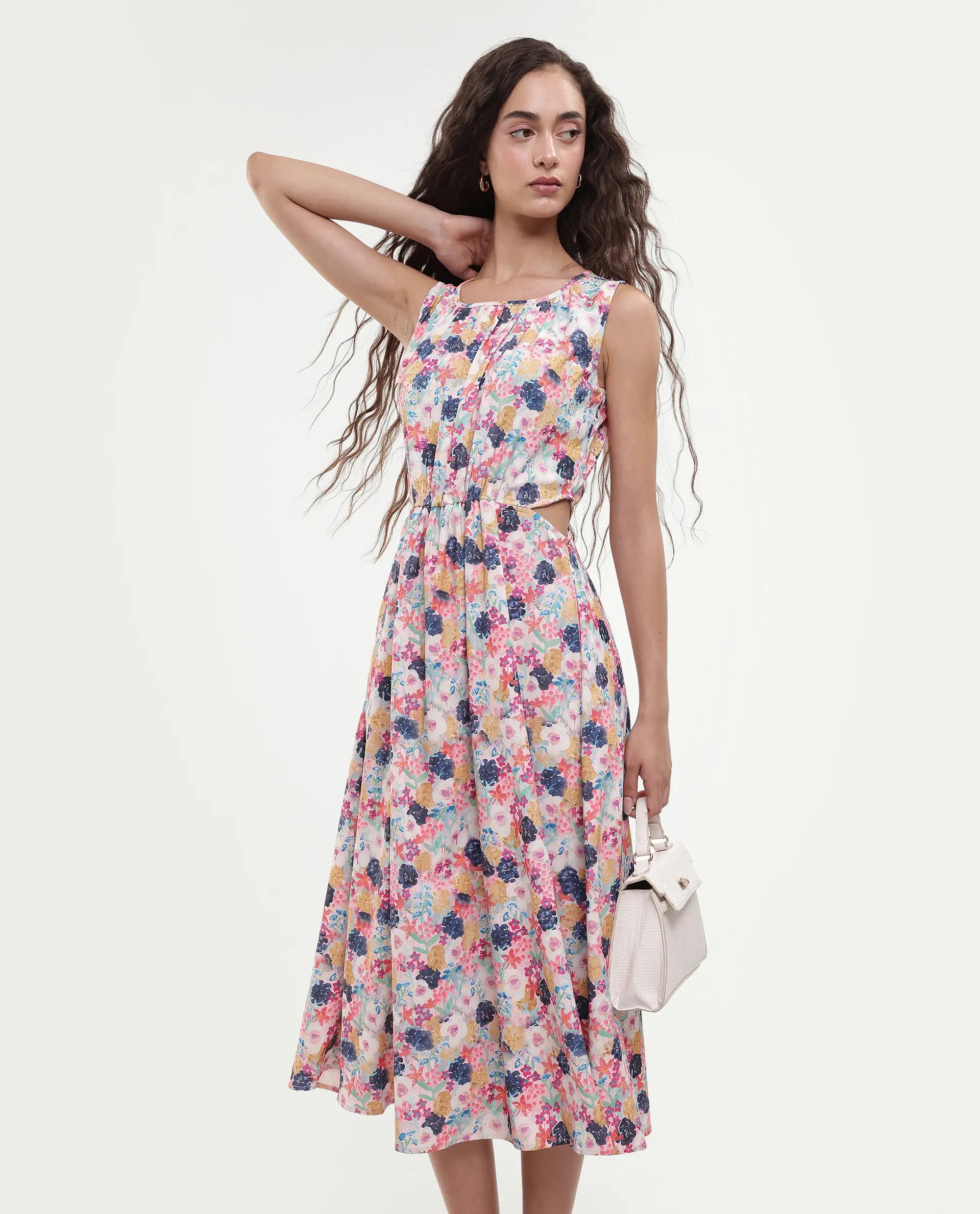 Rareism Women's Rinaf Multi Satin Round Neck Floral Print Sleeveless Midi Fit And Flare Dress