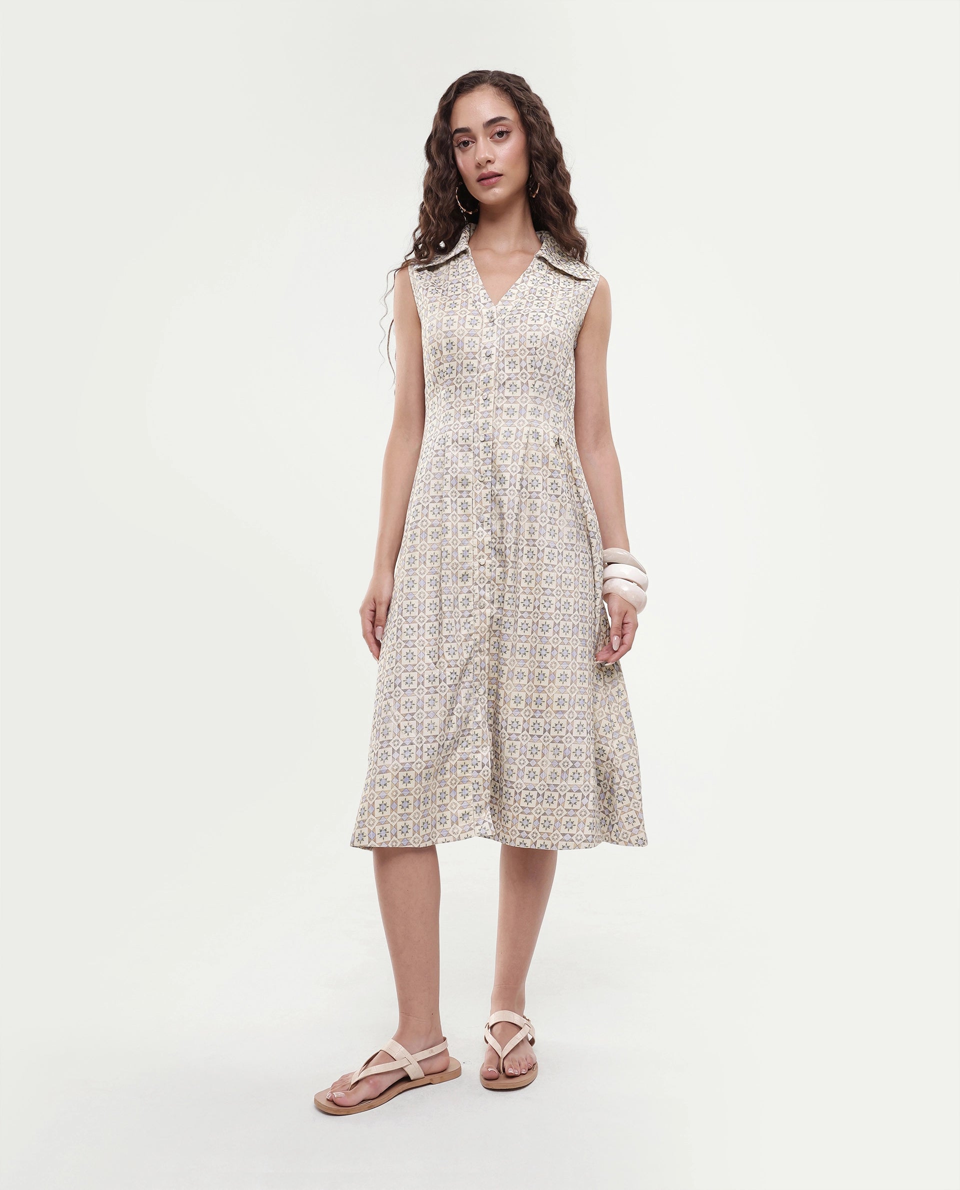 Rareism Women's Bujum Multi Linen Johnny Collar Geometric Print Sleeveless Midi A-Line Dress
