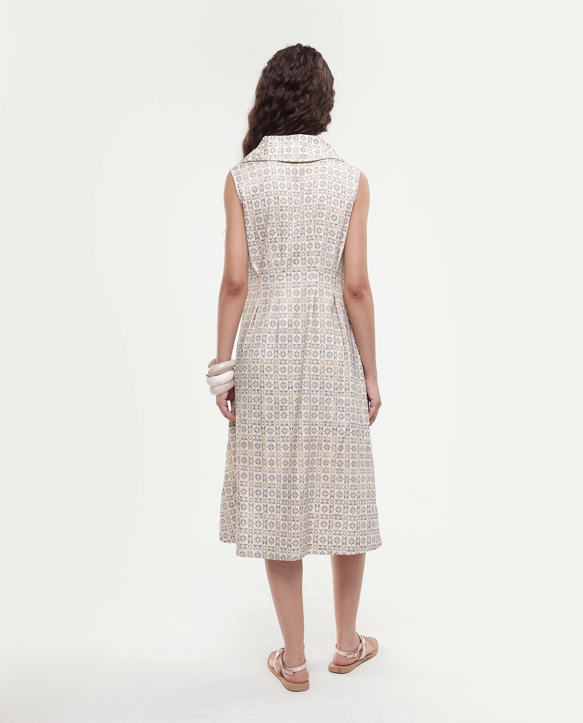Rareism Women's Bujum Multi Linen Johnny Collar Geometric Print Sleeveless Midi A-Line Dress