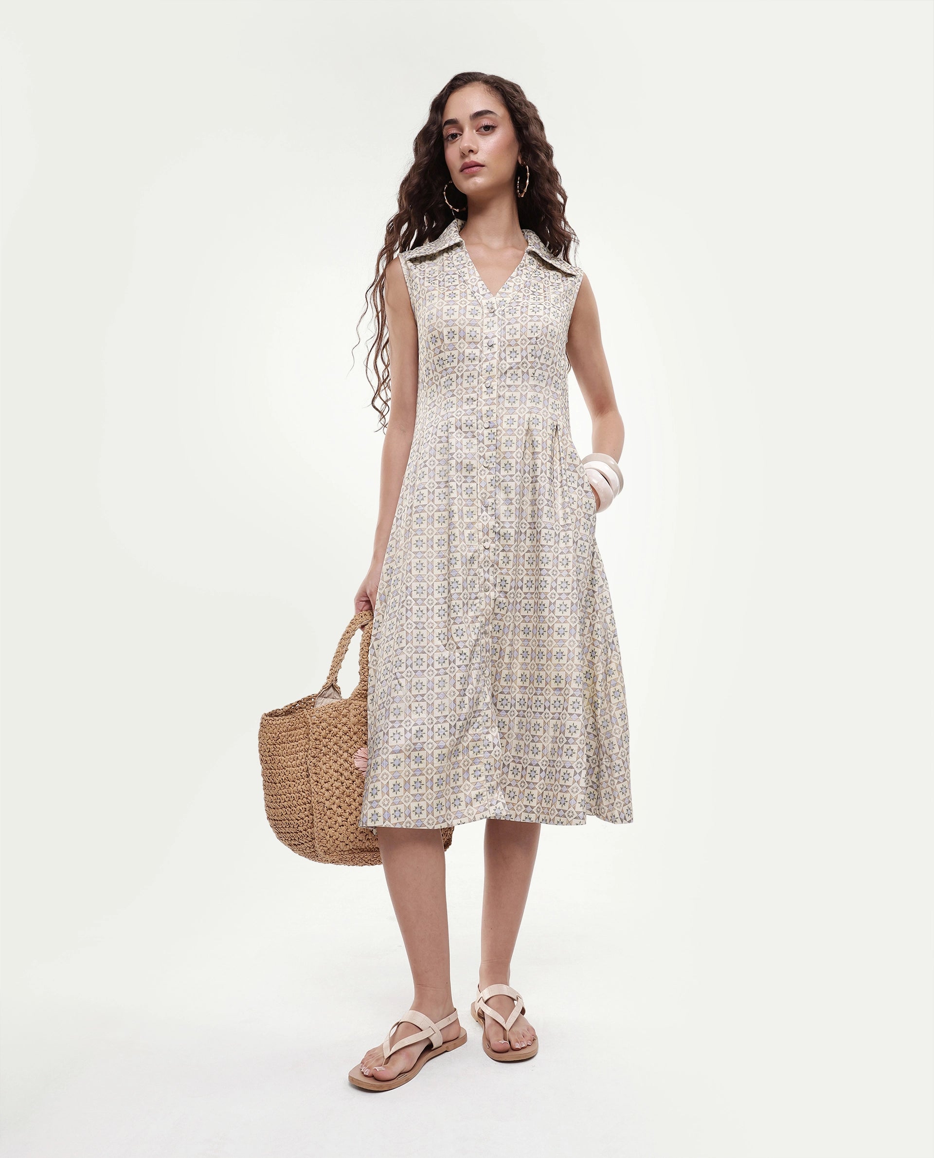 Rareism Women's Bujum Multi Linen Johnny Collar Geometric Print Sleeveless Midi A-Line Dress