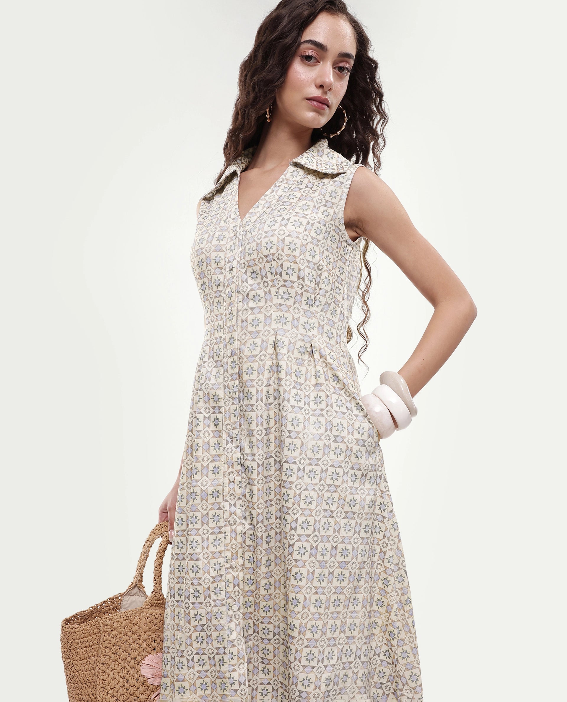 Rareism Women's Bujum Multi Linen Johnny Collar Geometric Print Sleeveless Midi A-Line Dress