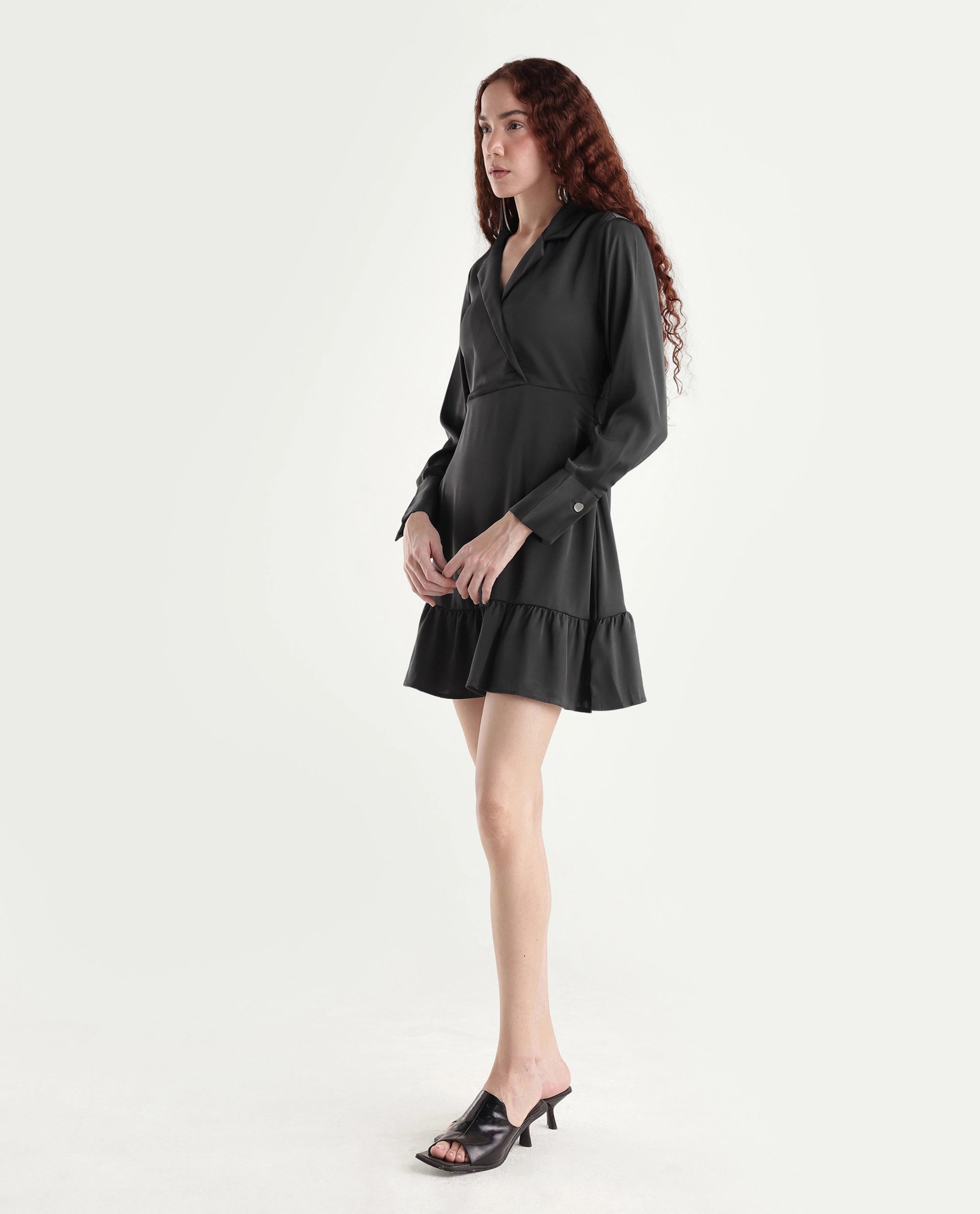 Rareism Women's Michiko Grey Satin Lapel Neck Plain Cuffed Sleeve Mini Fit And Flare Dress