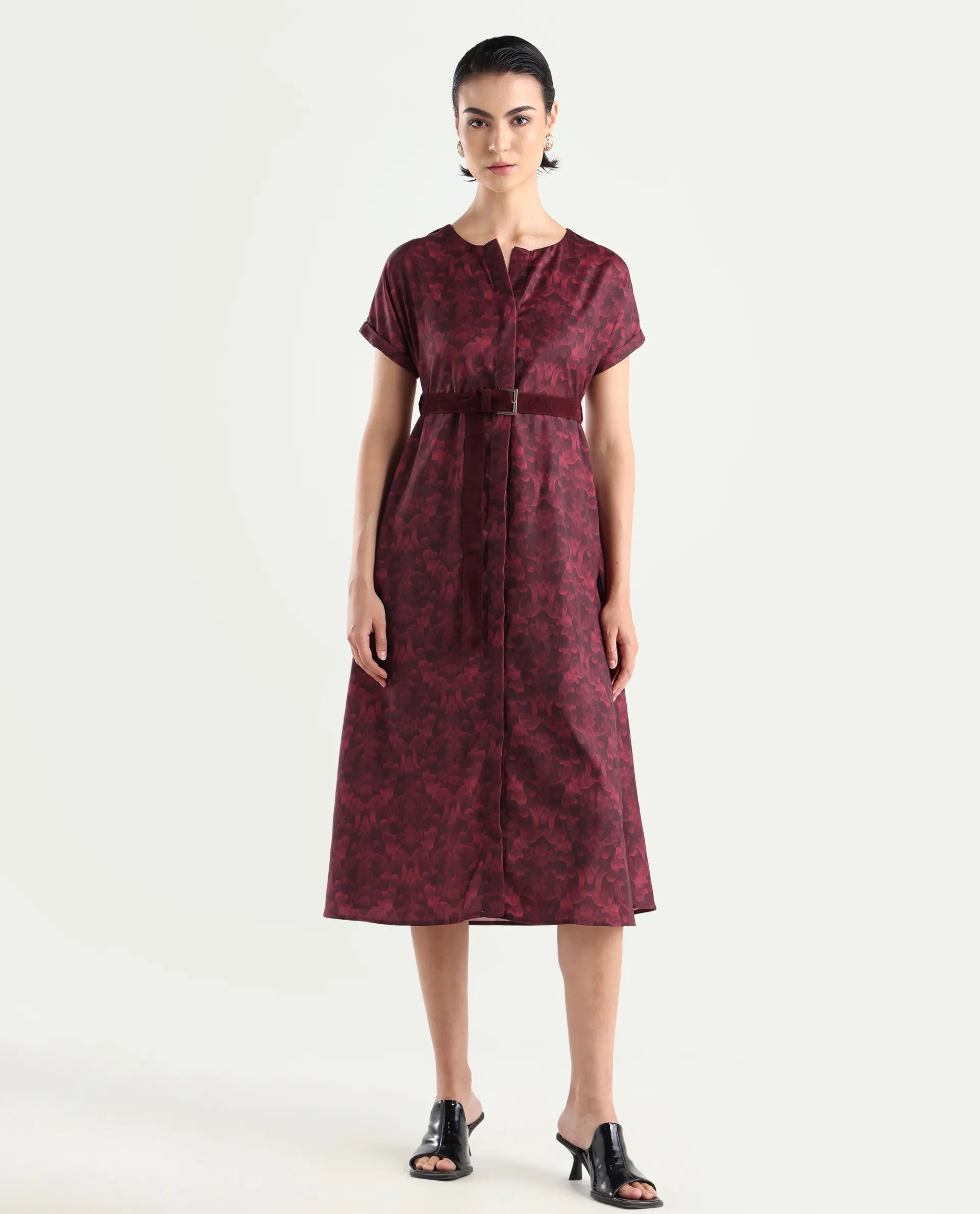 Rareism Women's Mulaani Maroon Satin Round Neck Abstract Print Extended Sleeves Midi A-Line Dress
