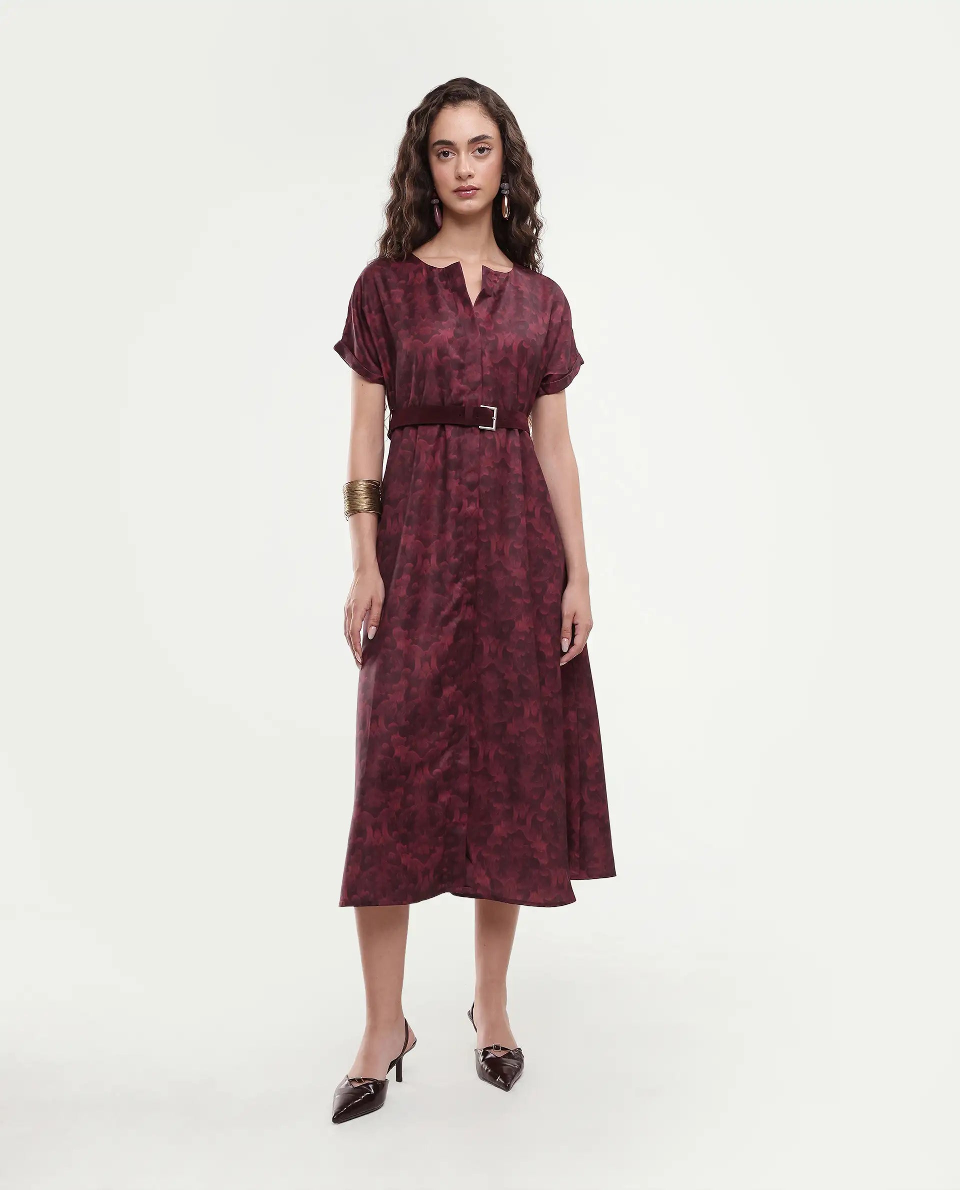 Rareism Women's Mulaani Maroon Satin Round Neck Abstract Print Extended Sleeves Midi A-Line Dress