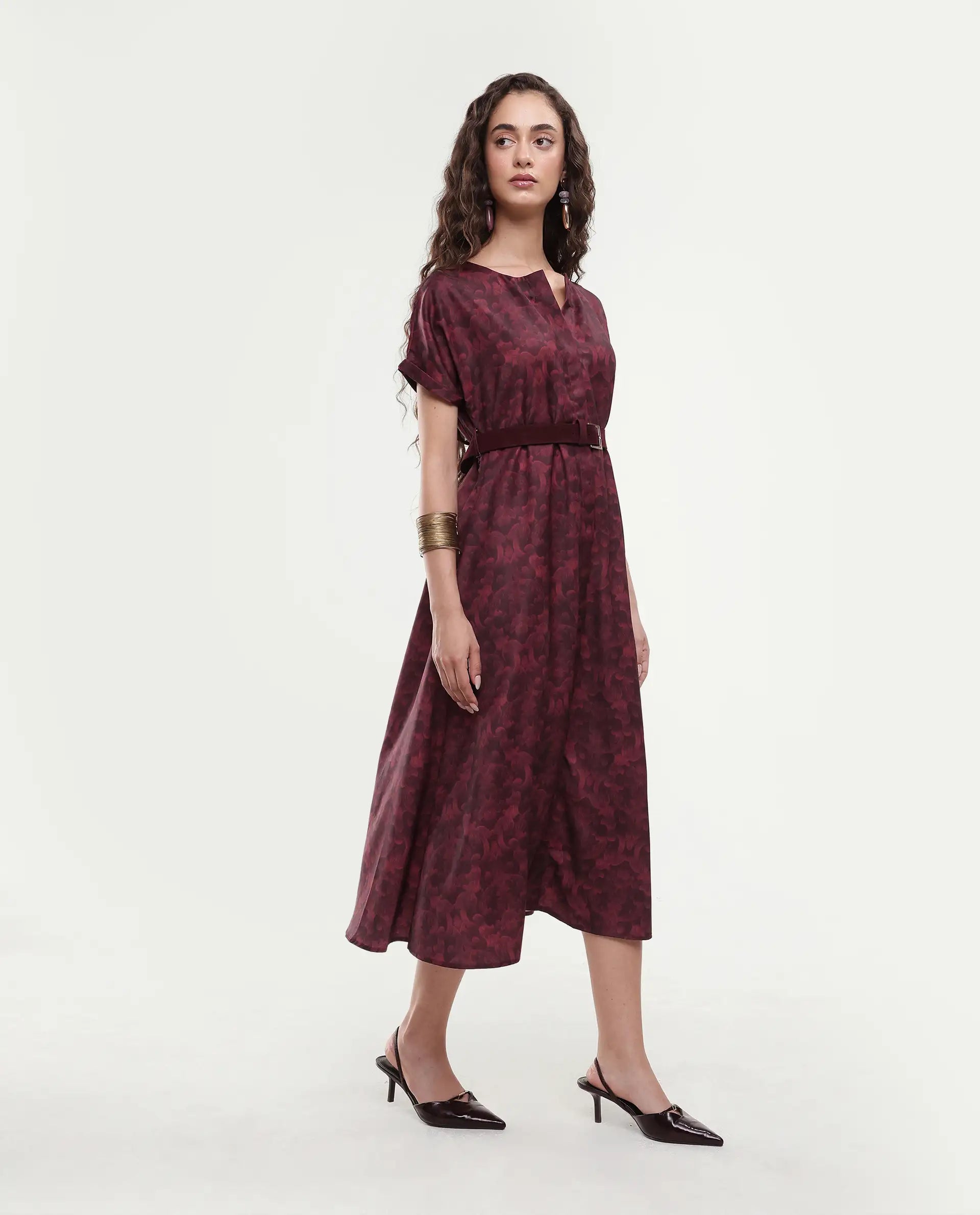 Rareism Women's Mulaani Maroon Satin Round Neck Abstract Print Extended Sleeves Midi A-Line Dress