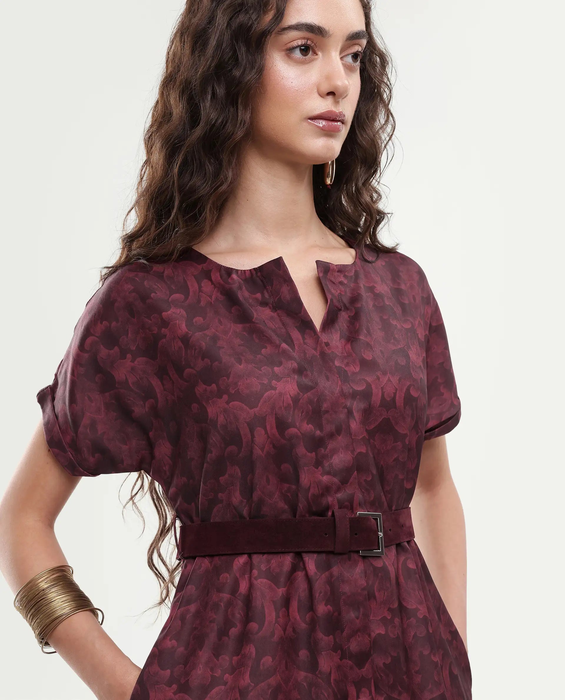 Rareism Women's Mulaani Maroon Satin Round Neck Abstract Print Extended Sleeves Midi A-Line Dress