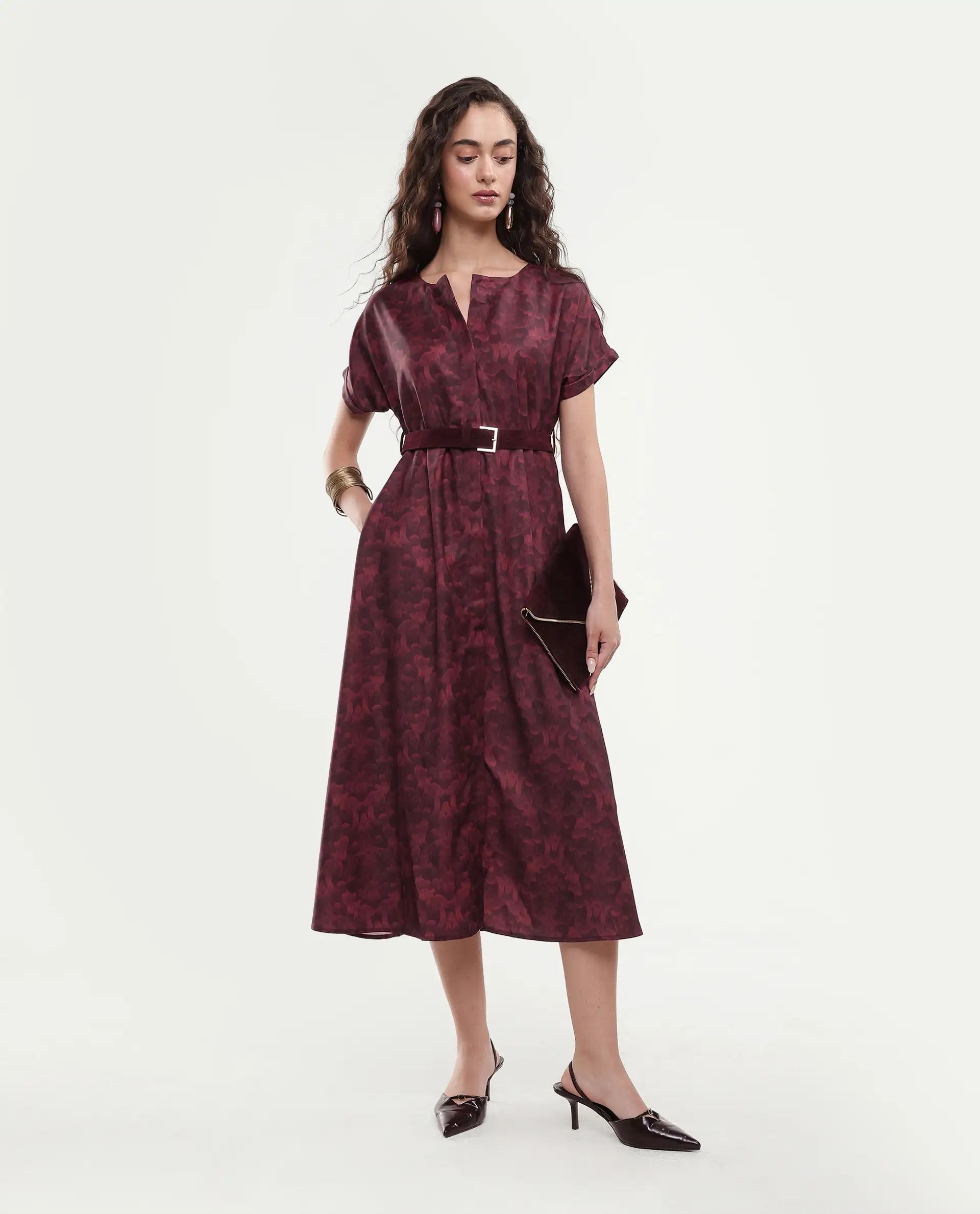 Rareism Women's Mulaani Maroon Satin Round Neck Abstract Print Extended Sleeves Midi A-Line Dress
