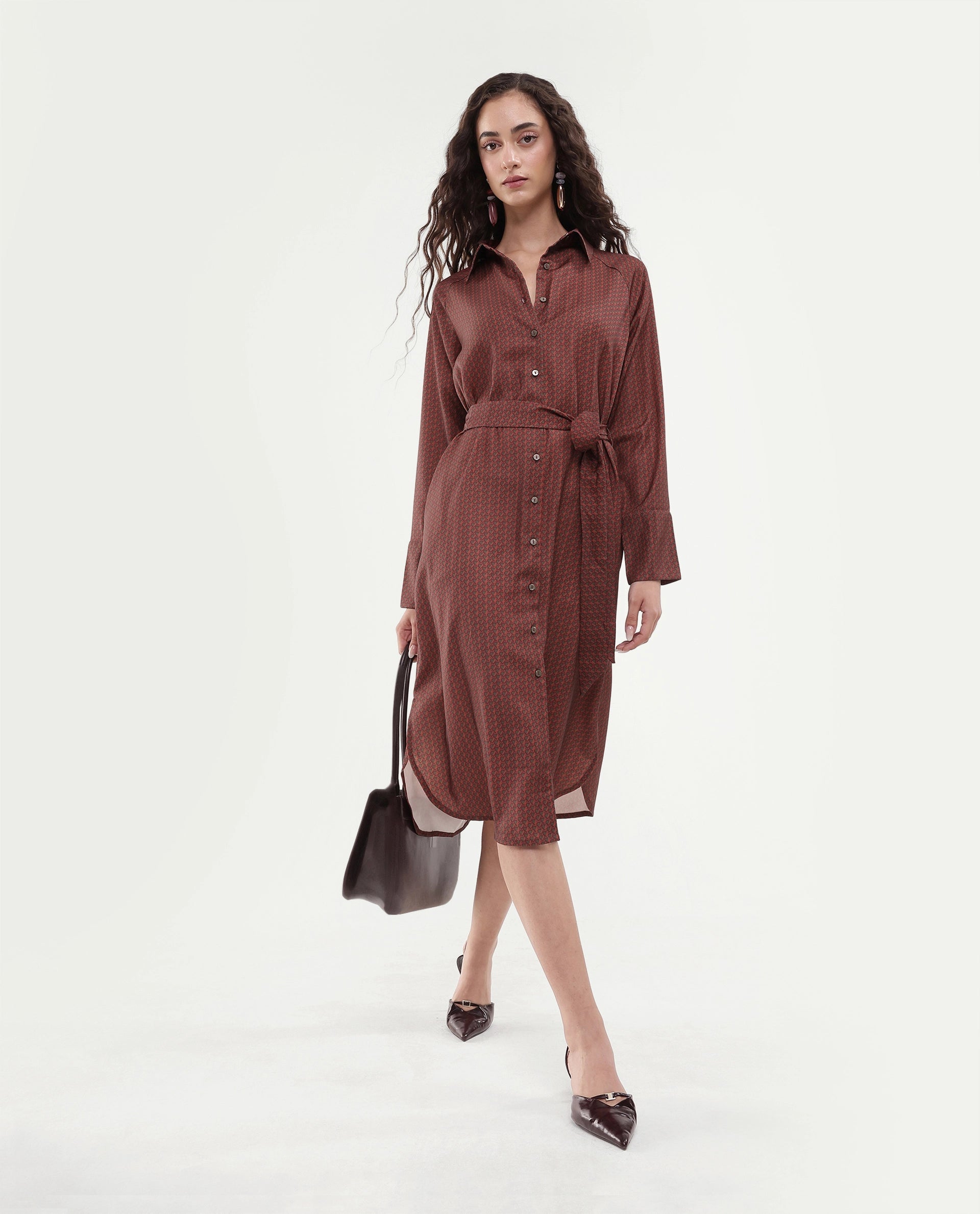 Rareism Women's Paari Multi Polyester Spread Collar Plain Cuffed Sleeve Midi Straight Fit Dress