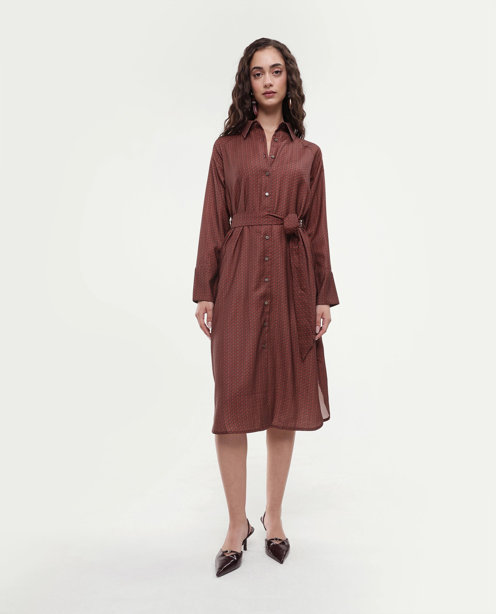Rareism Women's Paari Multi Polyester Spread Collar Plain Cuffed Sleeve Midi Straight Fit Dress