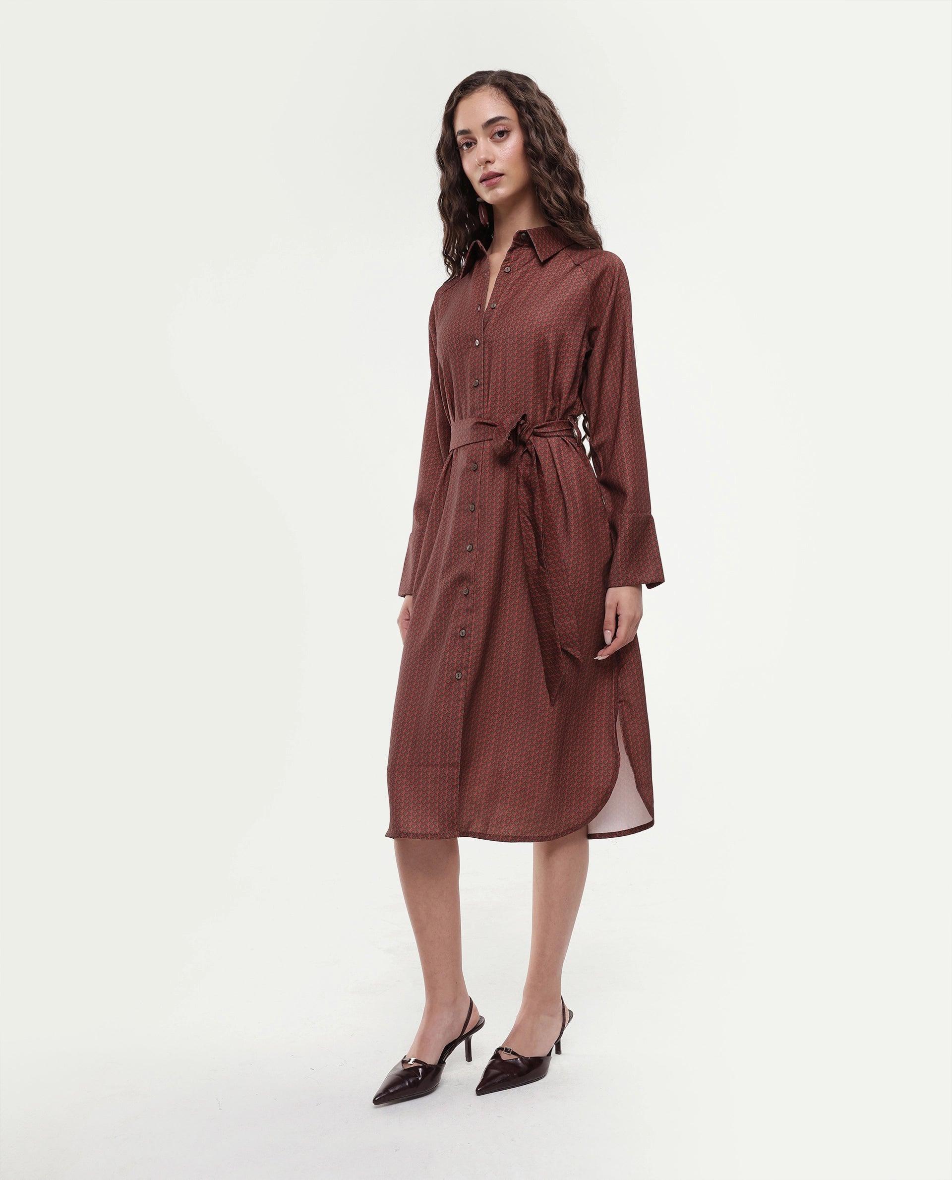 Rareism Women's Paari Multi Polyester Spread Collar Plain Cuffed Sleeve Midi Straight Fit Dress