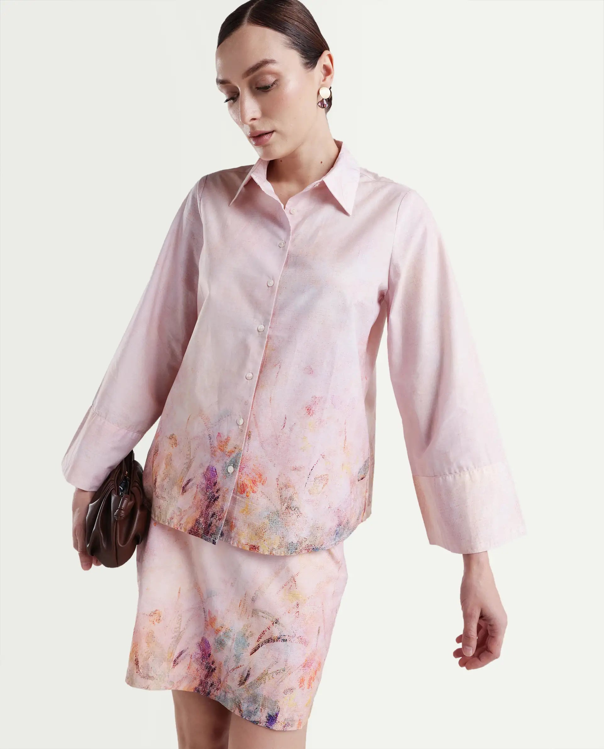 Rareism Women's Loko Pink Cotton Spread Collar Floral Print Bell Sleeve Regular Fit Top