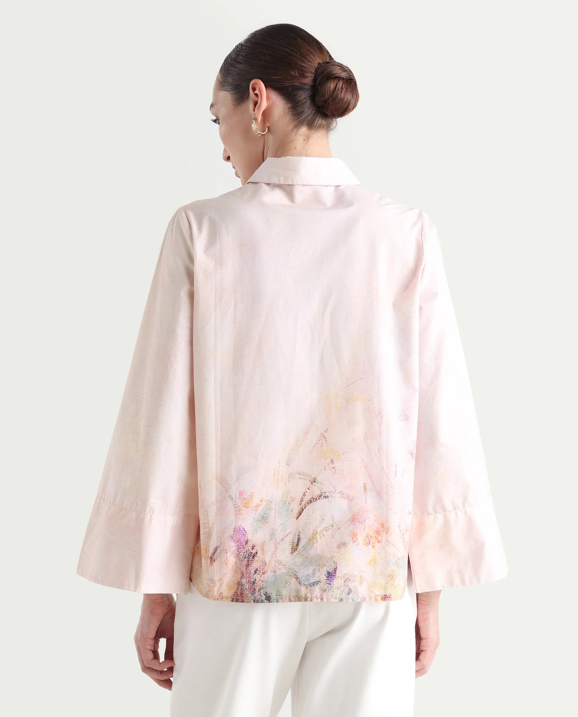 Rareism Women's Loko Pink Cotton Spread Collar Floral Print Bell Sleeve Regular Fit Top