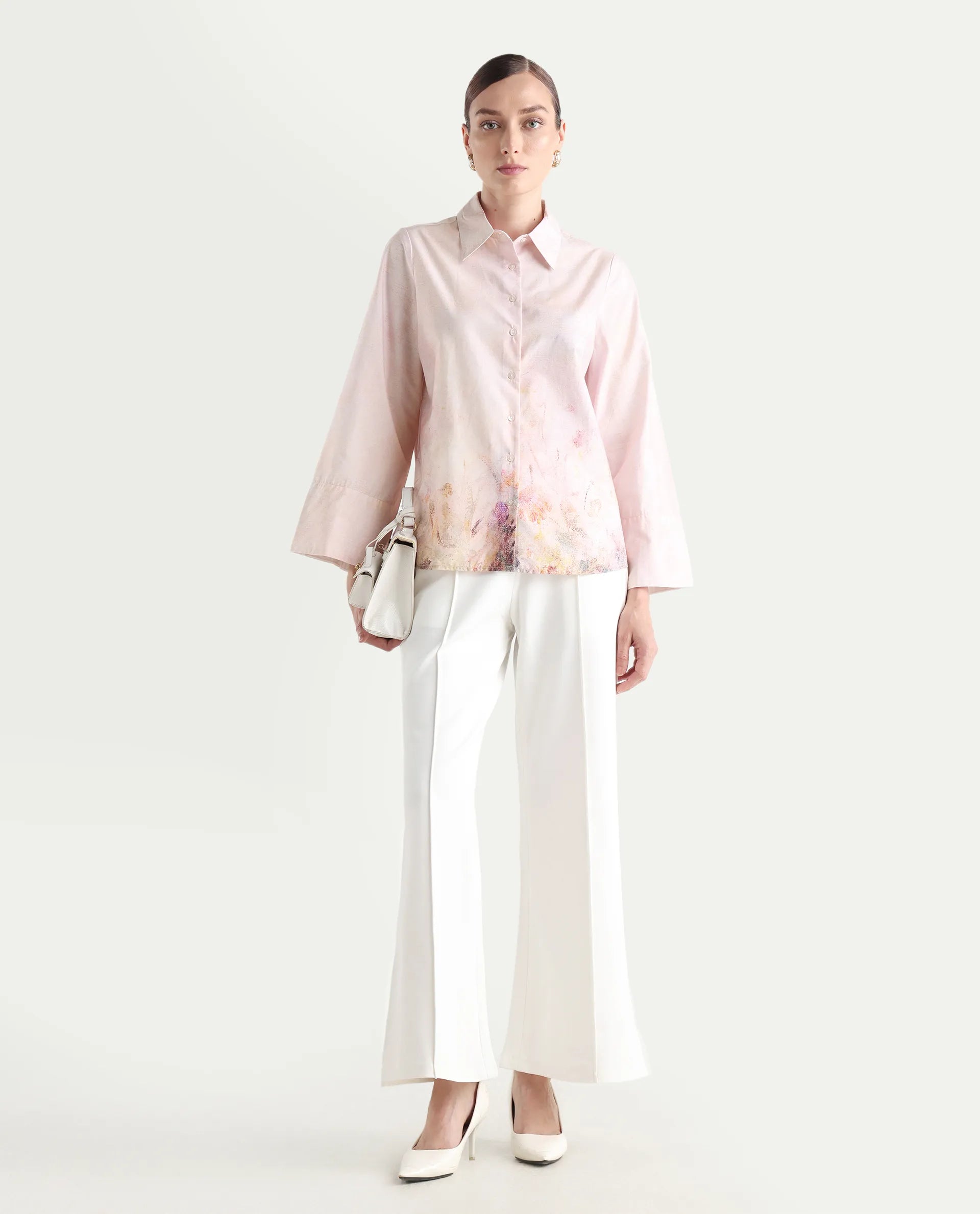 Rareism Women's Loko Pink Cotton Spread Collar Floral Print Bell Sleeve Regular Fit Top