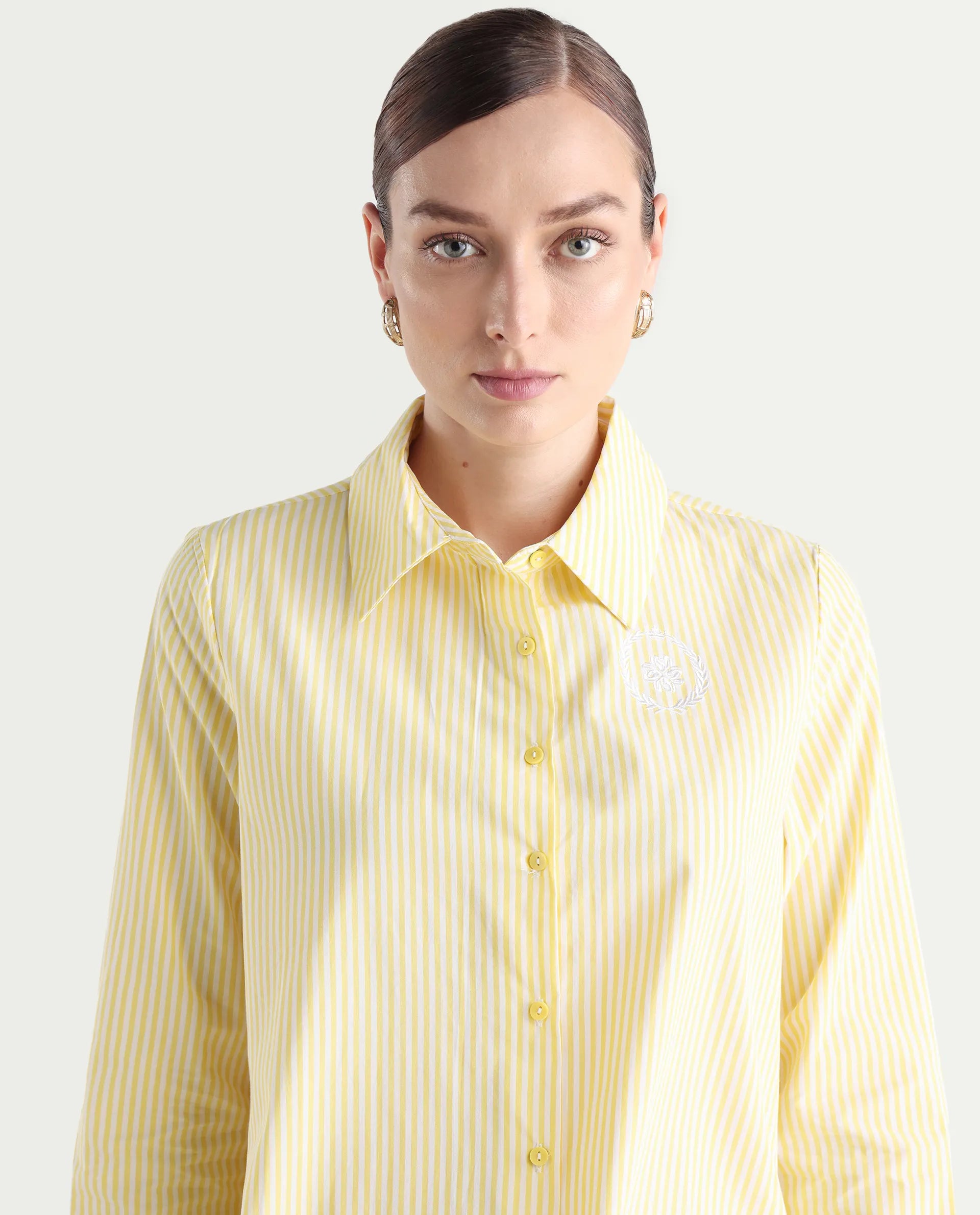 Rareism Women's Robbu Yellow Cotton Drop Collar Striped Cuffed Sleeve Regular Fit Shirt